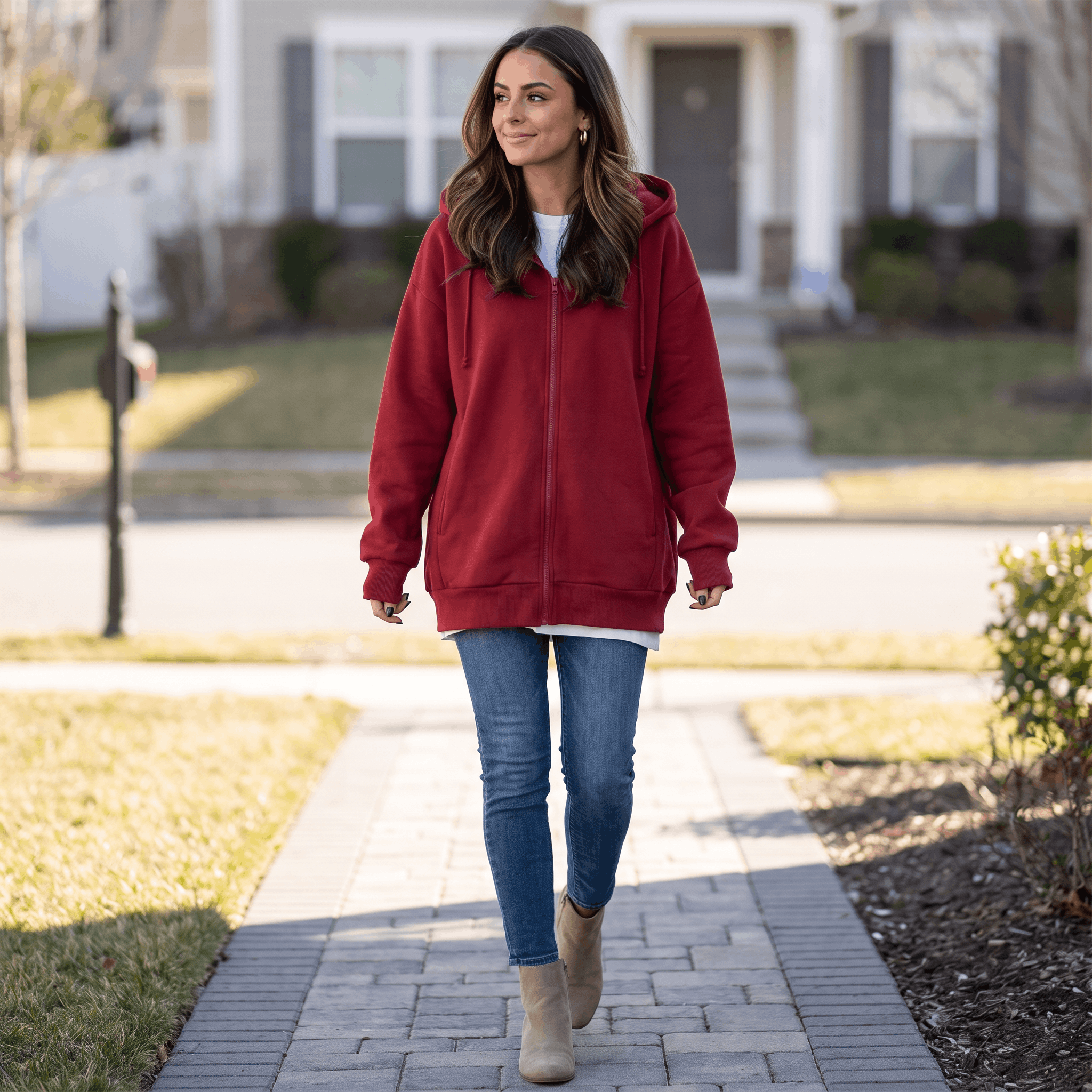 Hailey Fleece Zip-Up Hoodie – Longline Oversized Drawstring Sweatshirt