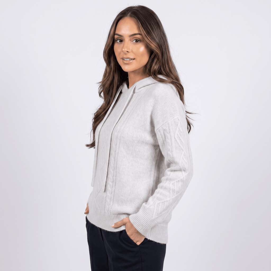 Hanah Merino Wool Cable-Knit Hooded Sweater – Relaxed Drawstring Pullover