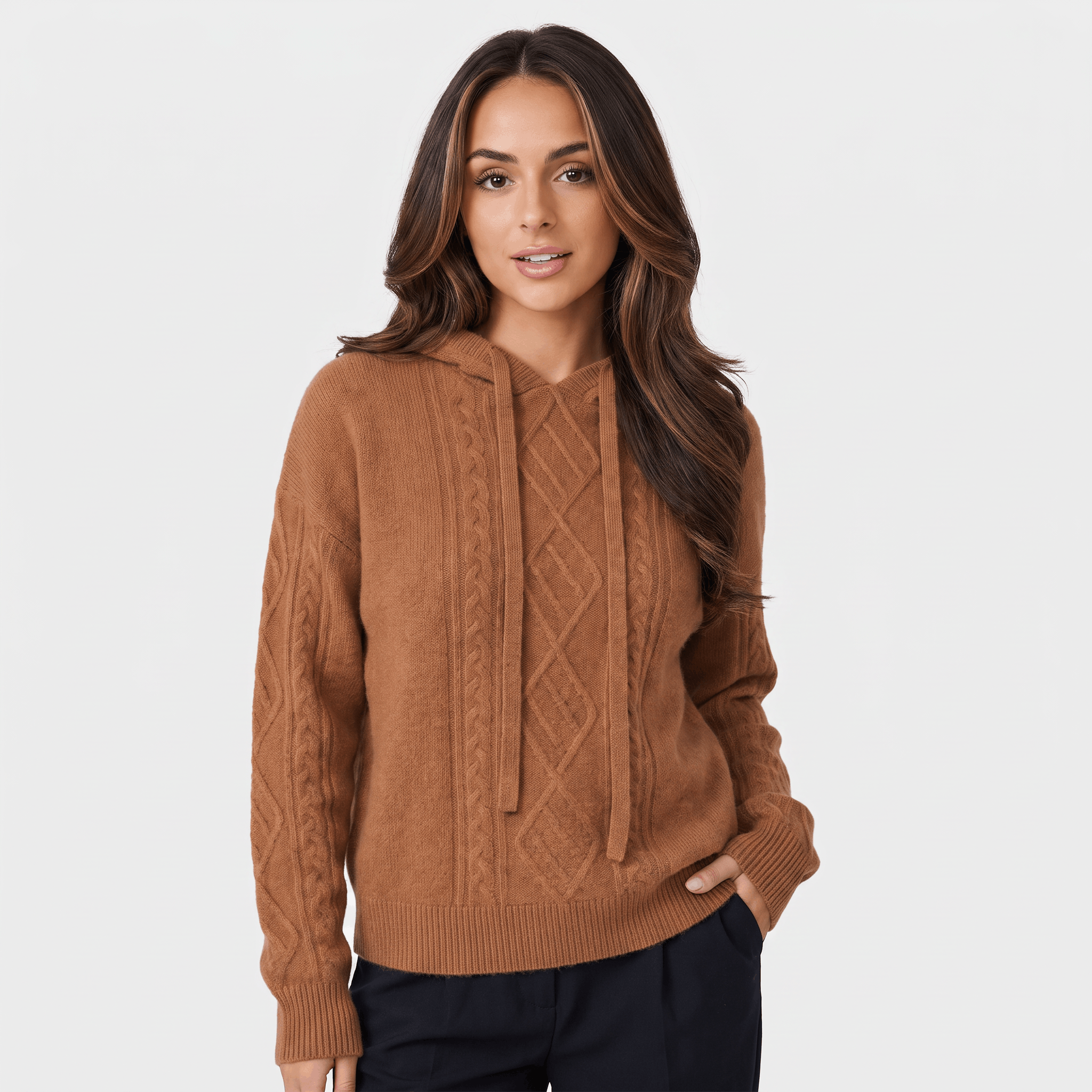 Hanah Merino Wool Cable-Knit Hooded Sweater – Relaxed Drawstring Pullover