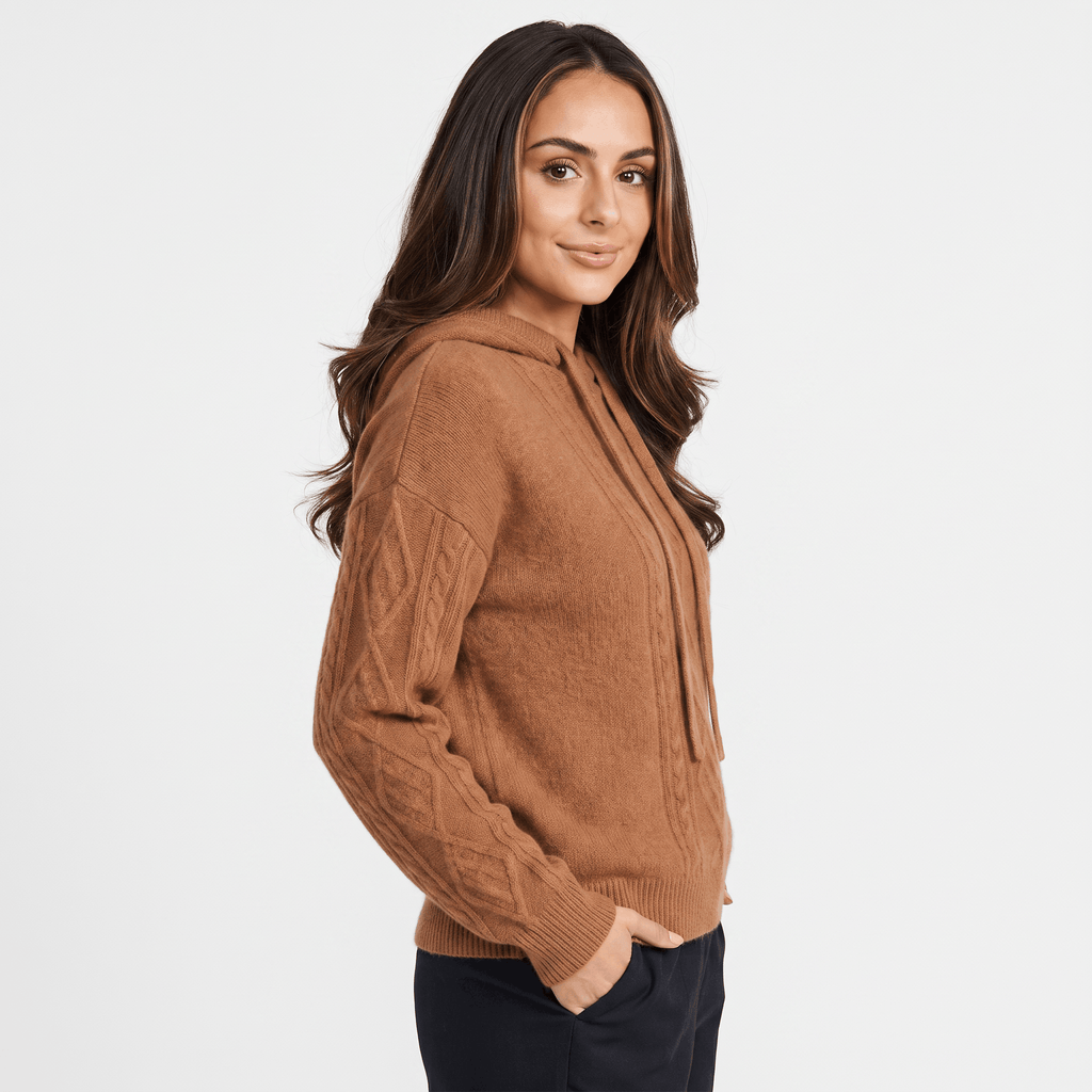 Hanah Merino Wool Cable-Knit Hooded Sweater – Relaxed Drawstring Pullover