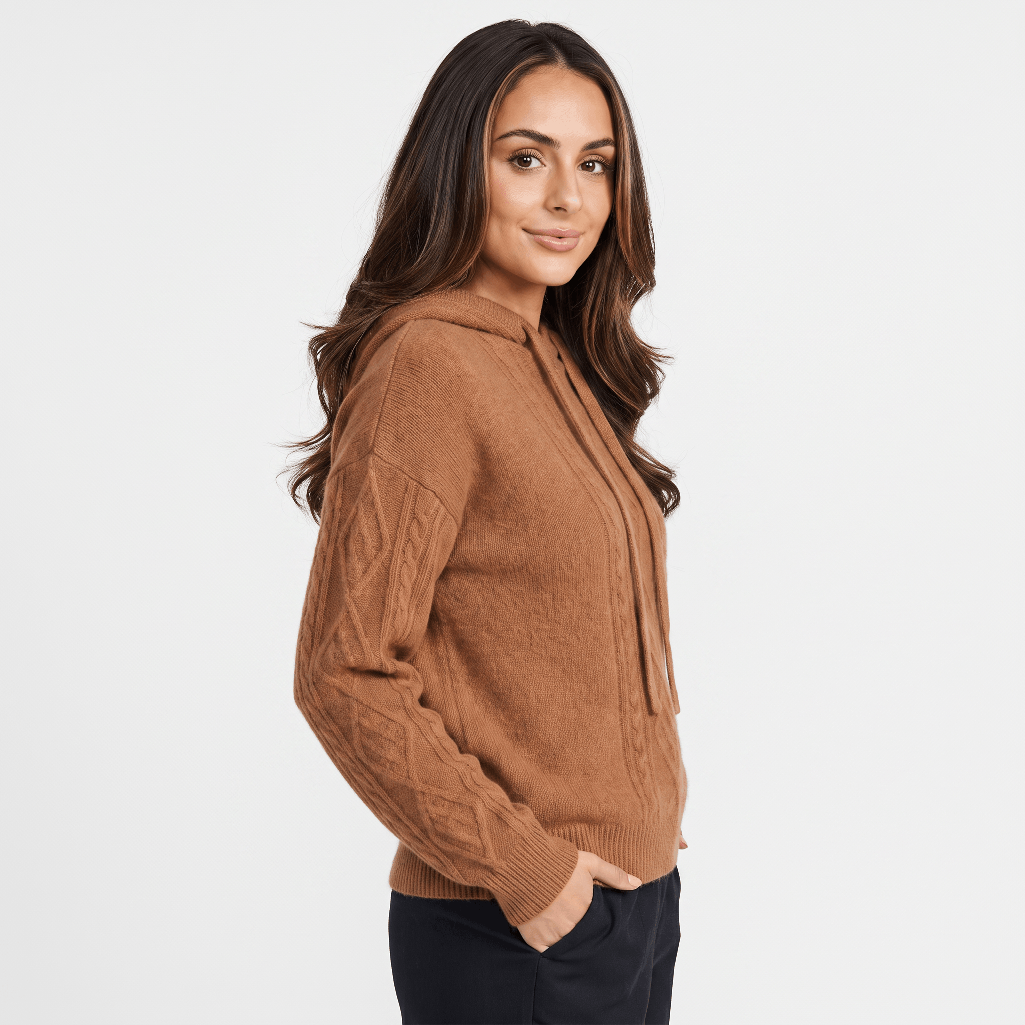 Hanah Merino Wool Cable-Knit Hooded Sweater – Relaxed Drawstring Pullover