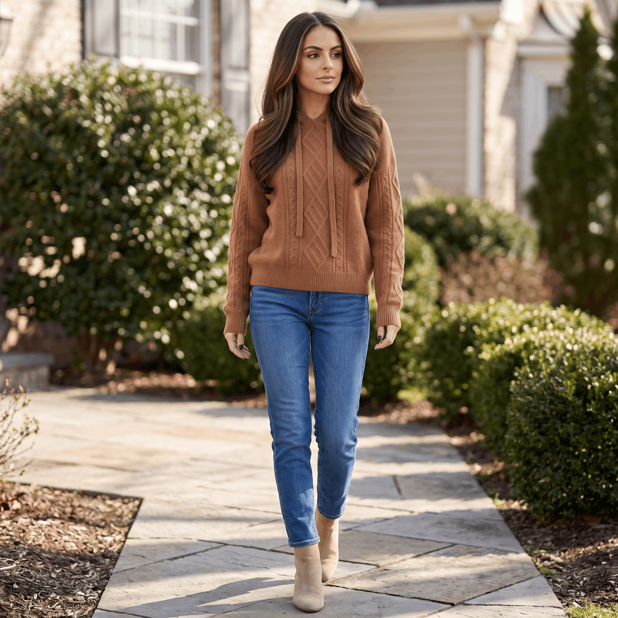 Hanah Merino Wool Cable-Knit Hooded Sweater – Relaxed Drawstring Pullover