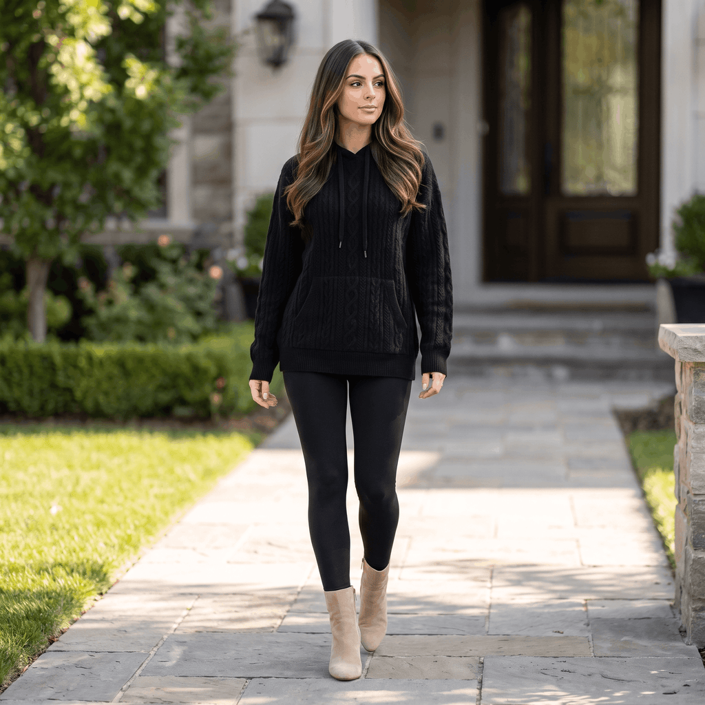 Anna Cable-Knit Hoodie Sweatshirt – Oversized Drawstring Kangaroo-Pocket Pullover