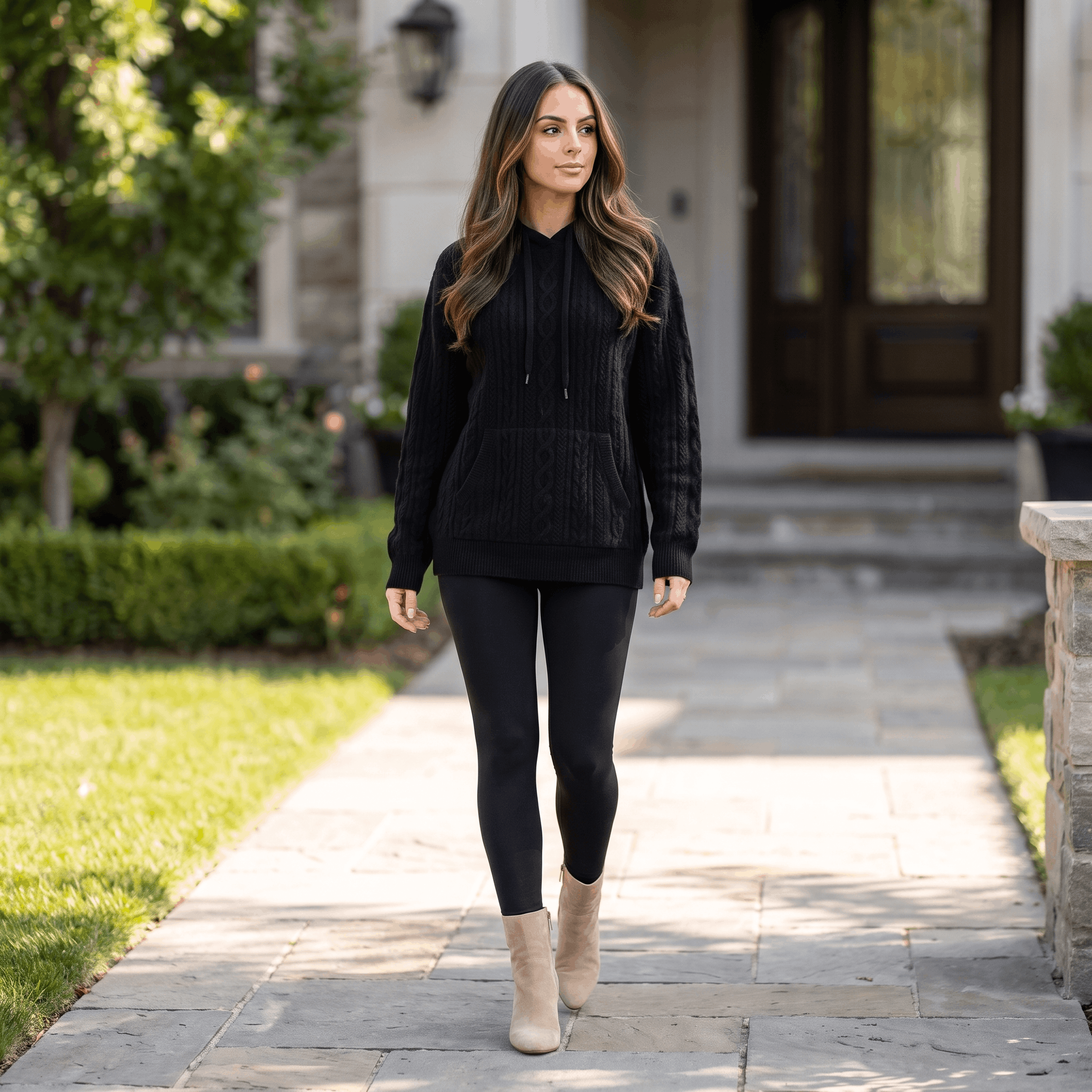 Anna Cable-Knit Hoodie Sweatshirt – Oversized Drawstring Kangaroo-Pocket Pullover