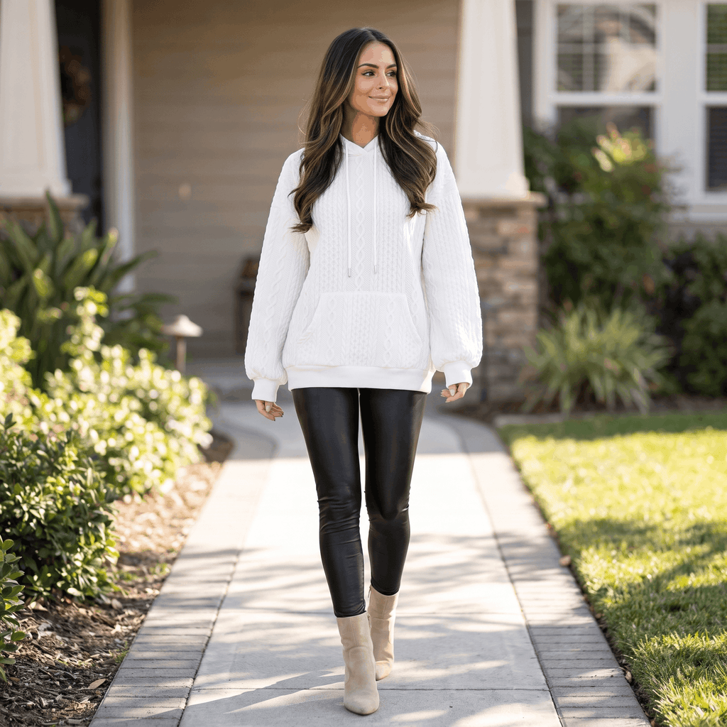 Anna Cable-Knit Hoodie Sweatshirt – Oversized Drawstring Kangaroo-Pocket Pullover