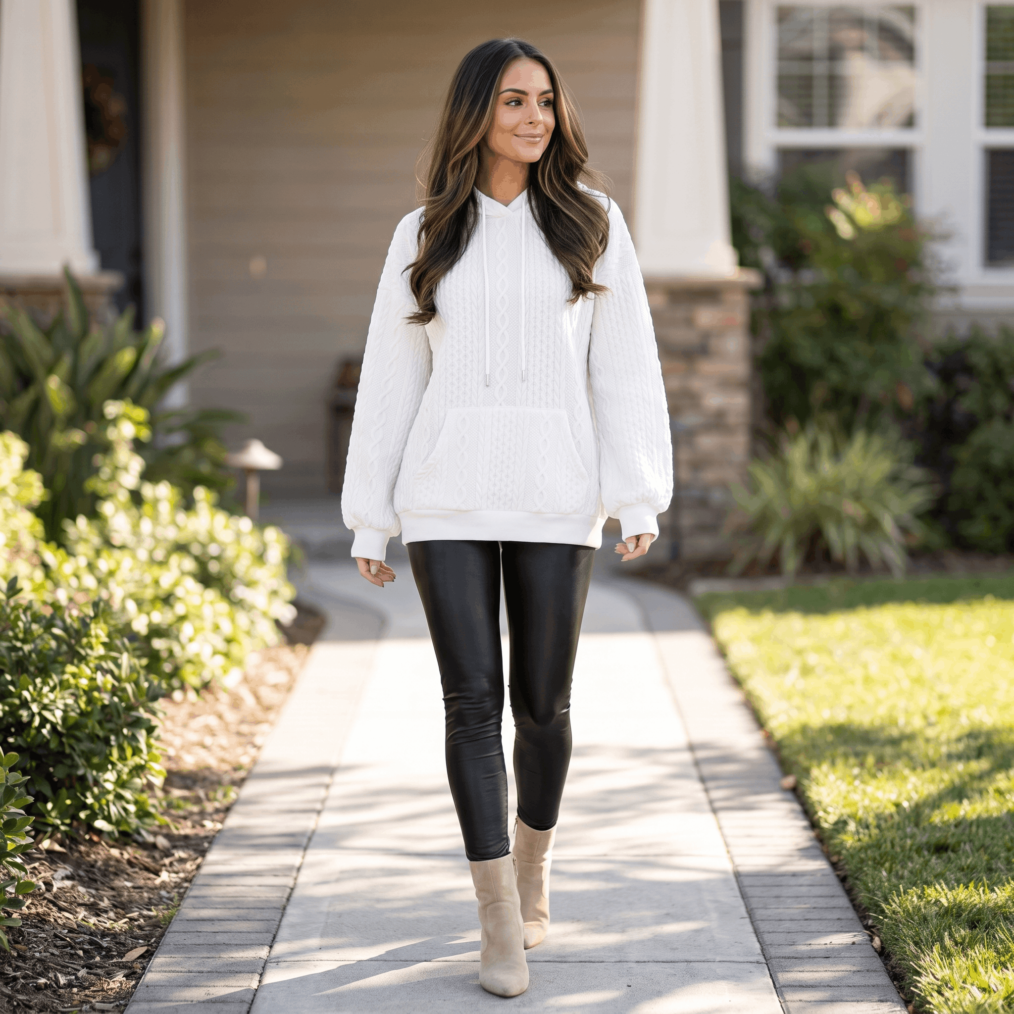 Anna Cable-Knit Hoodie Sweatshirt – Oversized Drawstring Kangaroo-Pocket Pullover