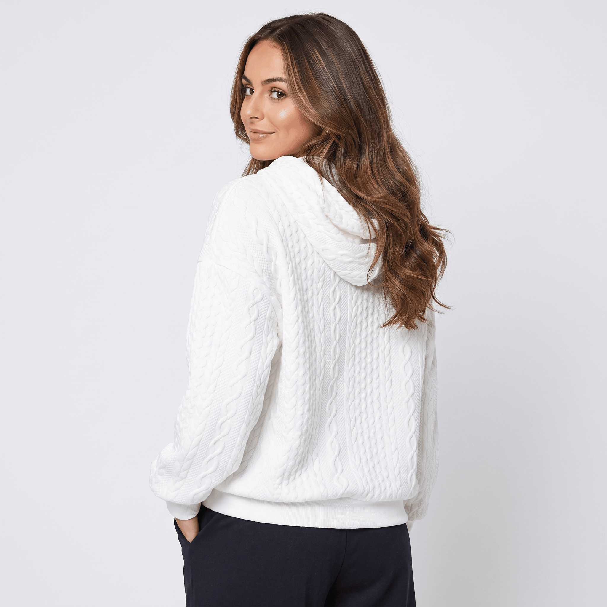 Anna Cable-Knit Hoodie Sweatshirt – Oversized Drawstring Kangaroo-Pocket Pullover