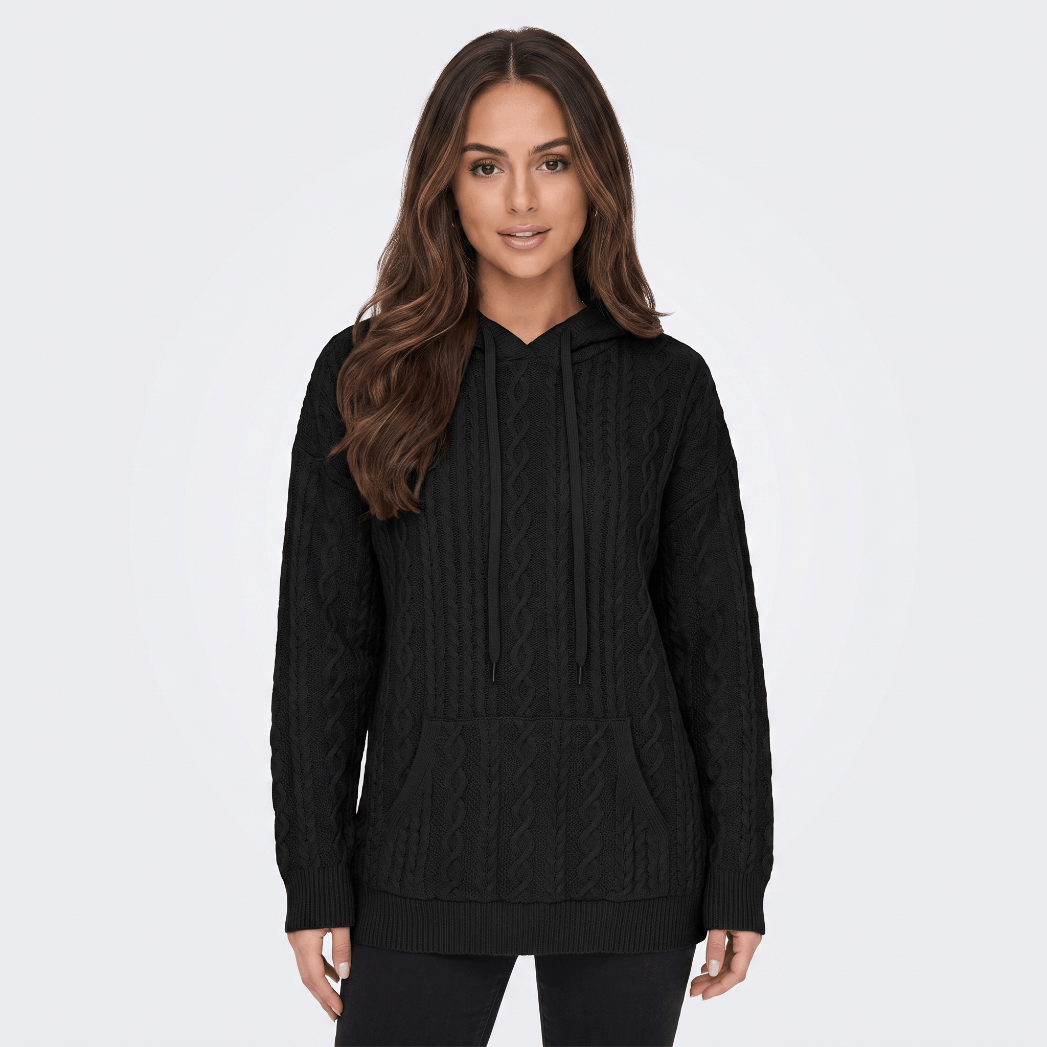 Anna Cable-Knit Hoodie Sweatshirt – Oversized Drawstring Kangaroo-Pocket Pullover