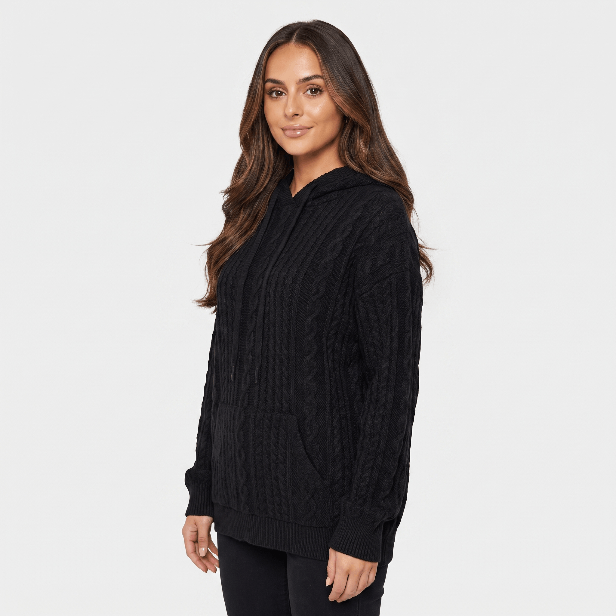 Anna Cable-Knit Hoodie Sweatshirt – Oversized Drawstring Kangaroo-Pocket Pullover