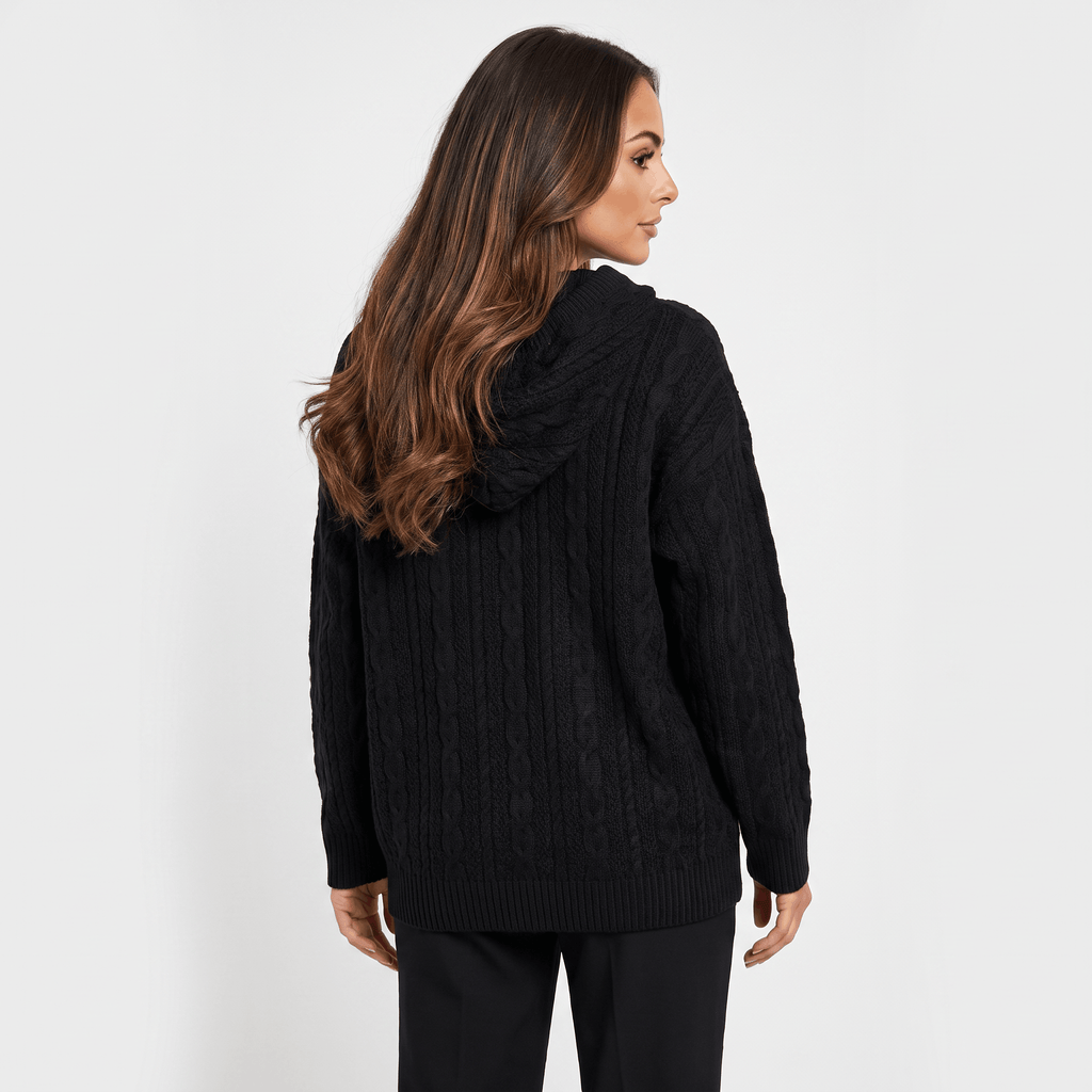 Anna Cable-Knit Hoodie Sweatshirt – Oversized Drawstring Kangaroo-Pocket Pullover