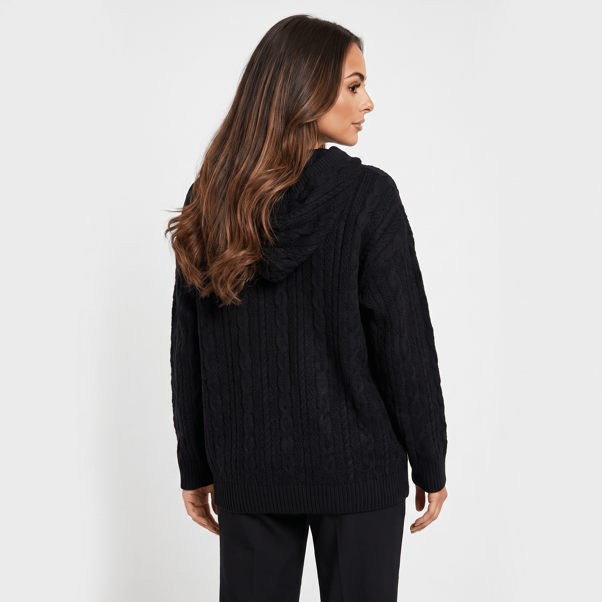 Anna Cable-Knit Hoodie Sweatshirt – Oversized Drawstring Kangaroo-Pocket Pullover