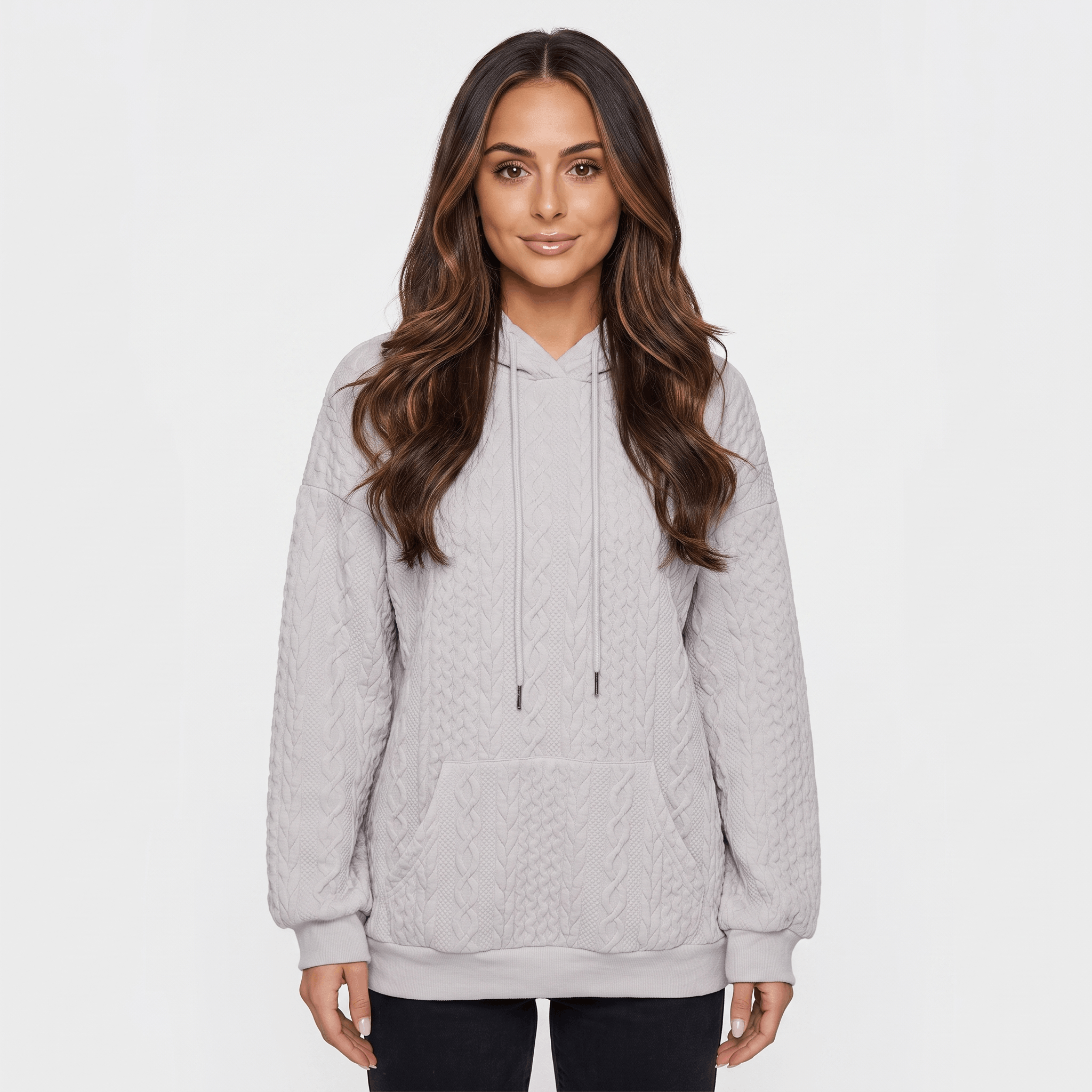 Anna Cable-Knit Hoodie Sweatshirt – Oversized Drawstring Kangaroo-Pocket Pullover