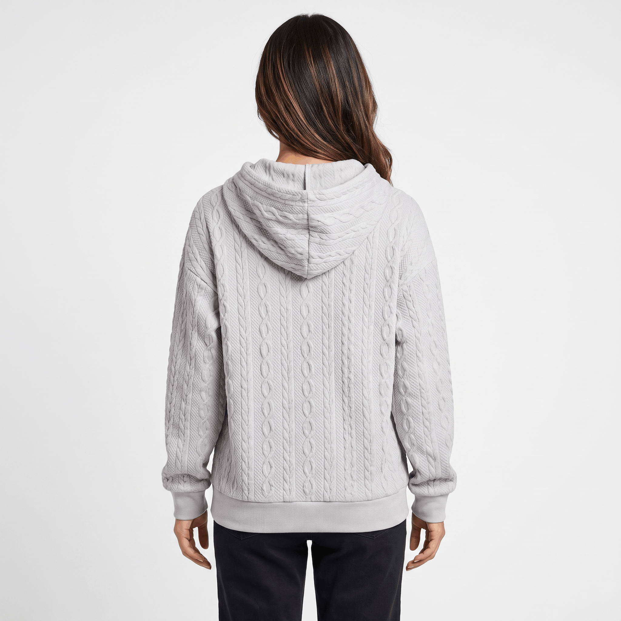 Anna Cable-Knit Hoodie Sweatshirt – Oversized Drawstring Kangaroo-Pocket Pullover