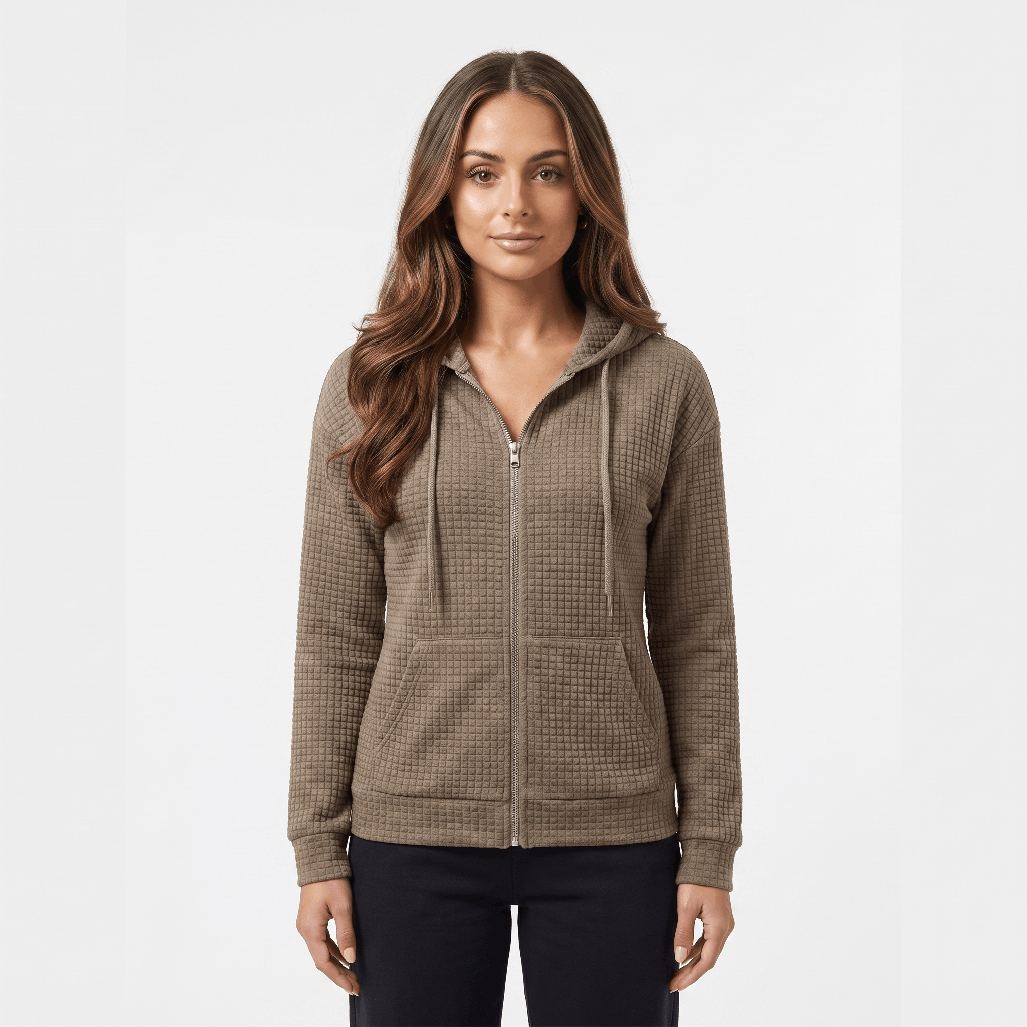 Harper Waffle Knit Zip-Up Hoodie – Fitted Drawstring Ribbed-Trim Jacket