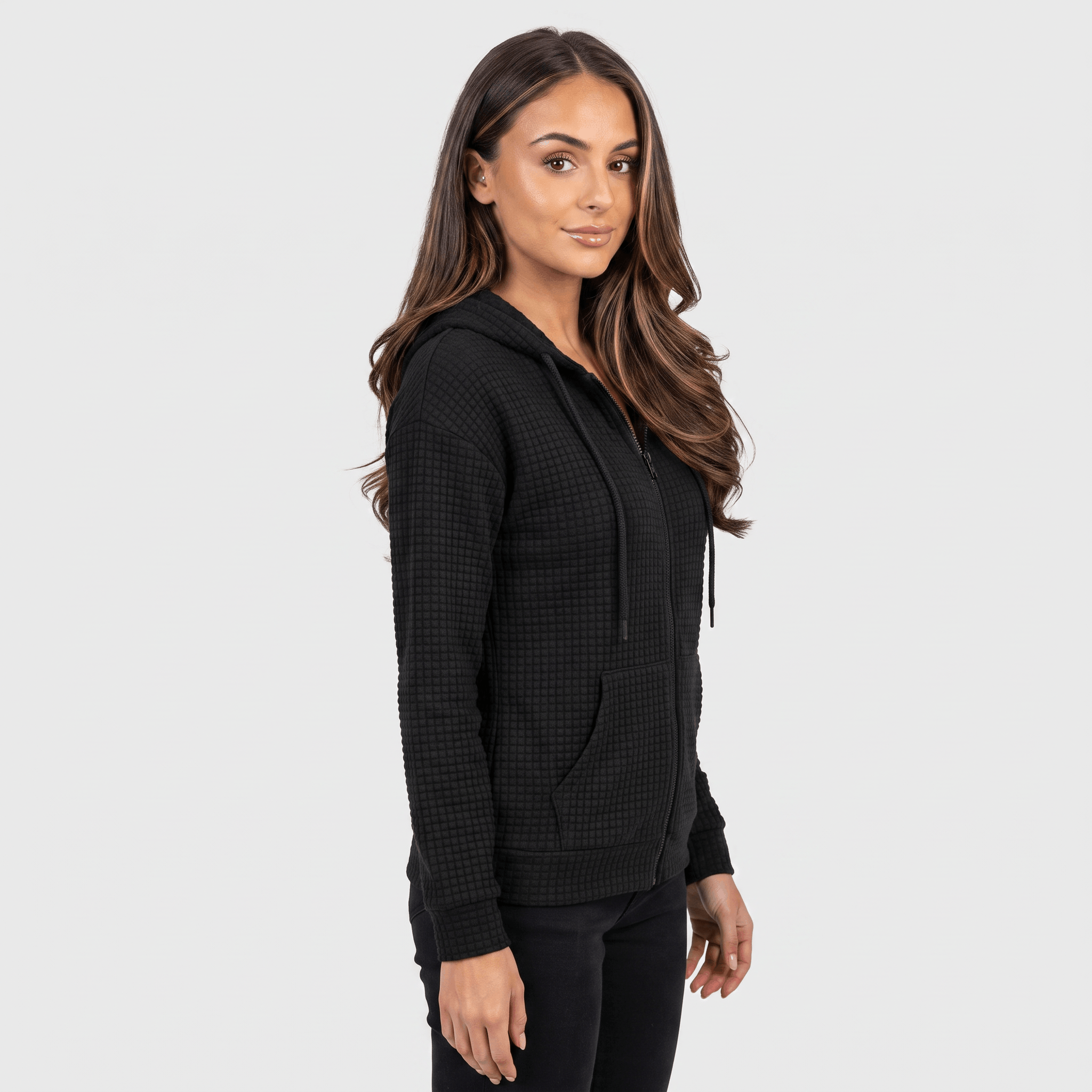 Harper Waffle Knit Zip-Up Hoodie – Fitted Drawstring Ribbed-Trim Jacket