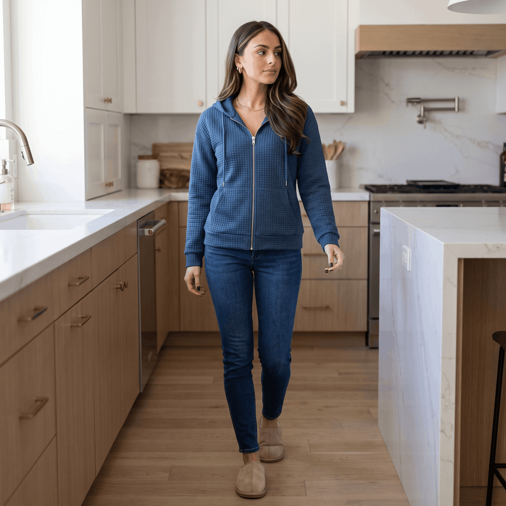 Harper Waffle Knit Zip-Up Hoodie – Fitted Drawstring Ribbed-Trim Jacket