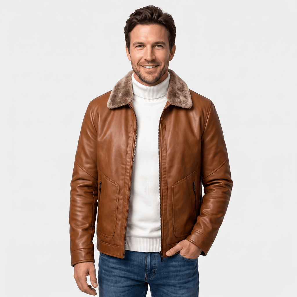 Hudson Leather Jacket – Shearling Collar Zip-Up Matte Moto Outerwear