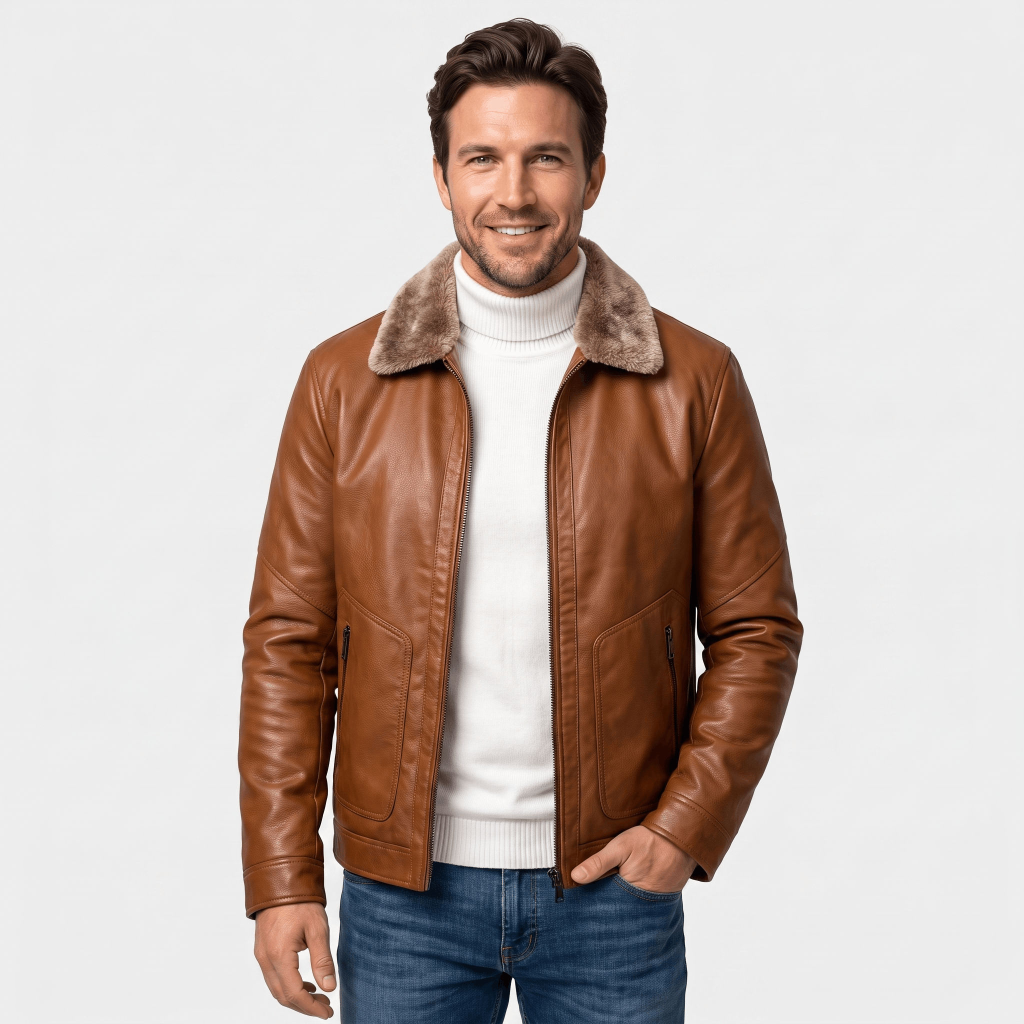 Hudson Leather Jacket – Shearling Collar Zip-Up Matte Moto Outerwear