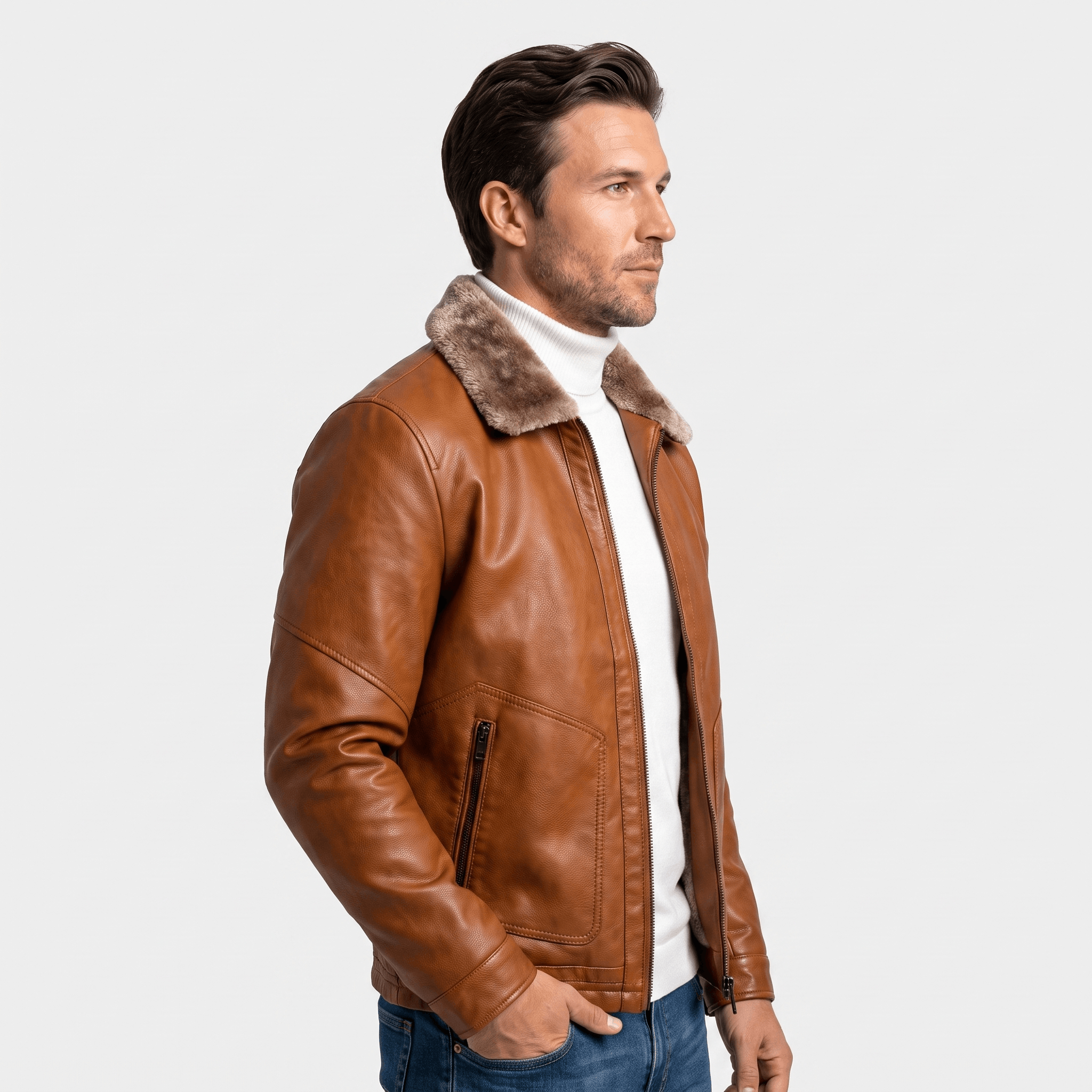 Hudson Leather Jacket – Shearling Collar Zip-Up Matte Moto Outerwear