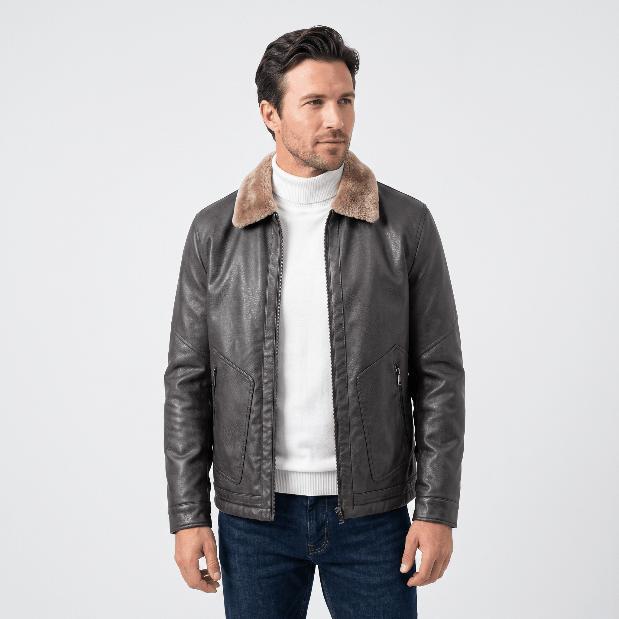 Hudson Leather Jacket – Shearling Collar Zip-Up Matte Moto Outerwear