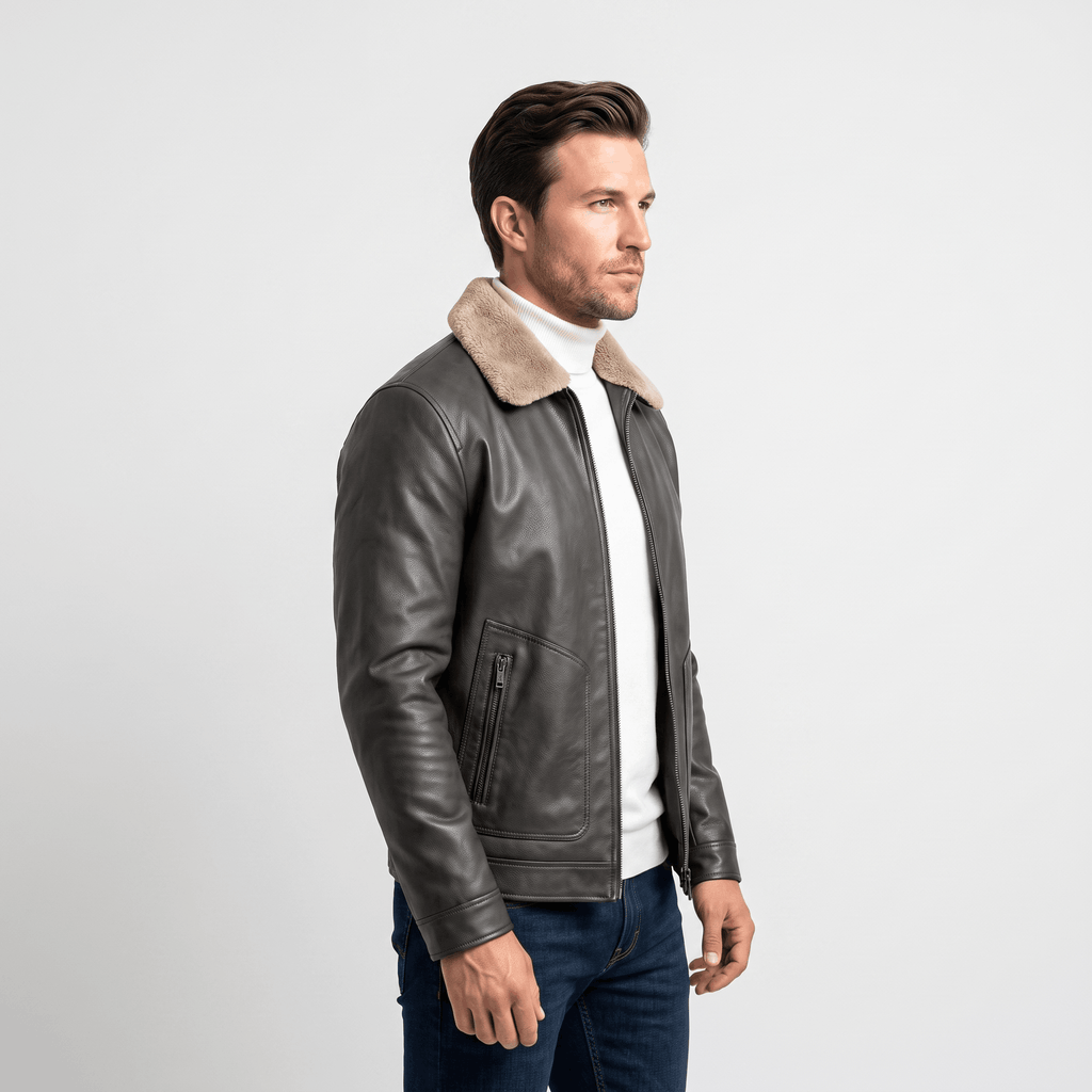 Hudson Leather Jacket – Shearling Collar Zip-Up Matte Moto Outerwear