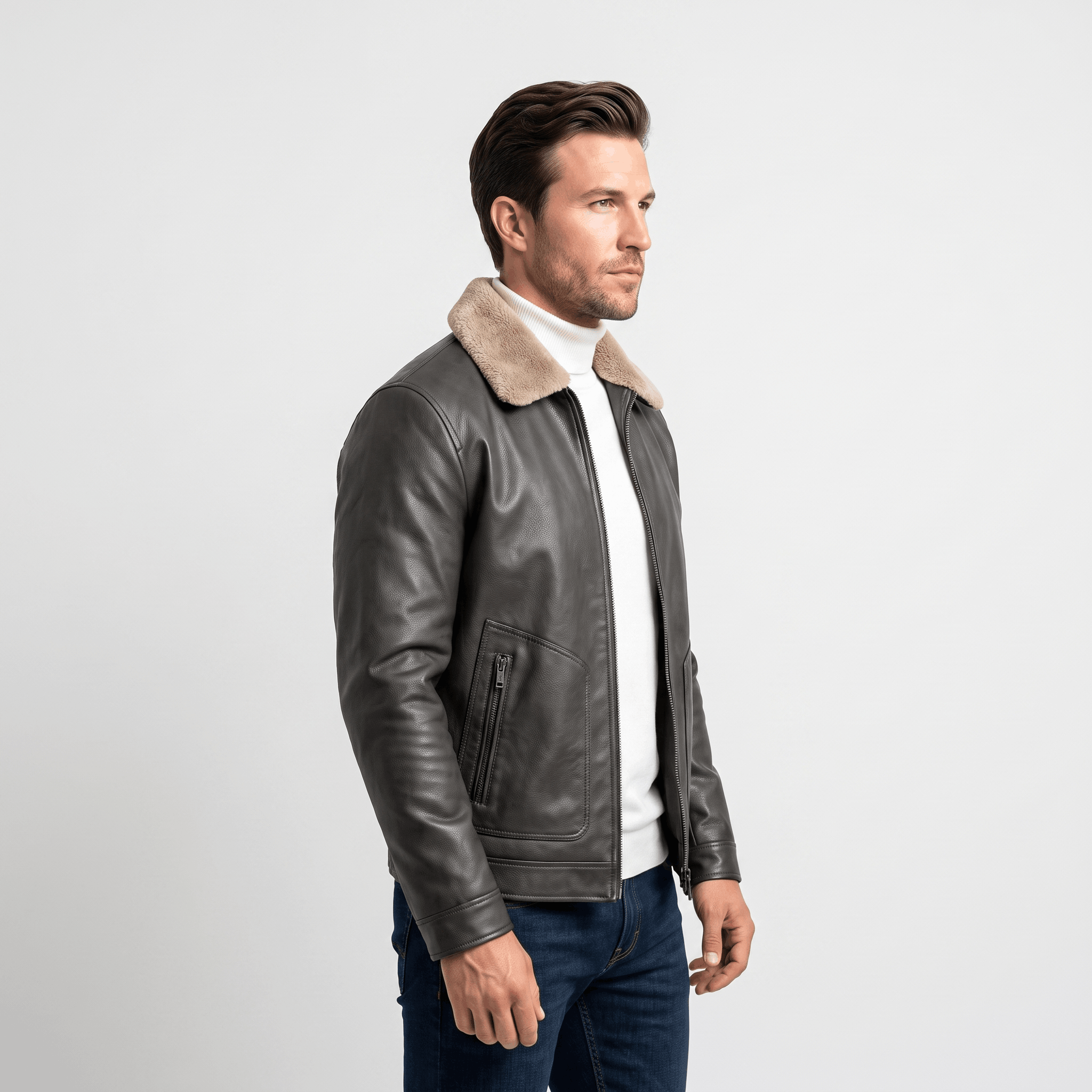 Hudson Leather Jacket – Shearling Collar Zip-Up Matte Moto Outerwear