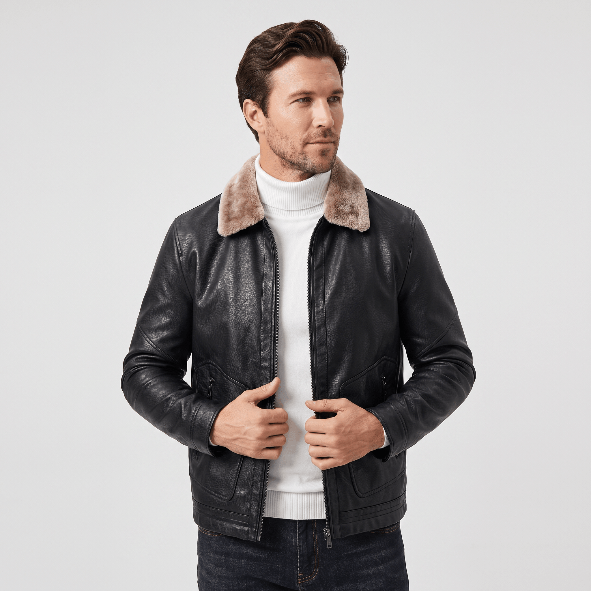 Hudson Leather Jacket – Shearling Collar Zip-Up Matte Moto Outerwear
