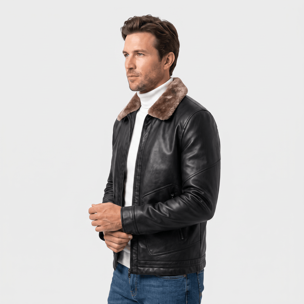 Hudson Leather Jacket – Shearling Collar Zip-Up Matte Moto Outerwear