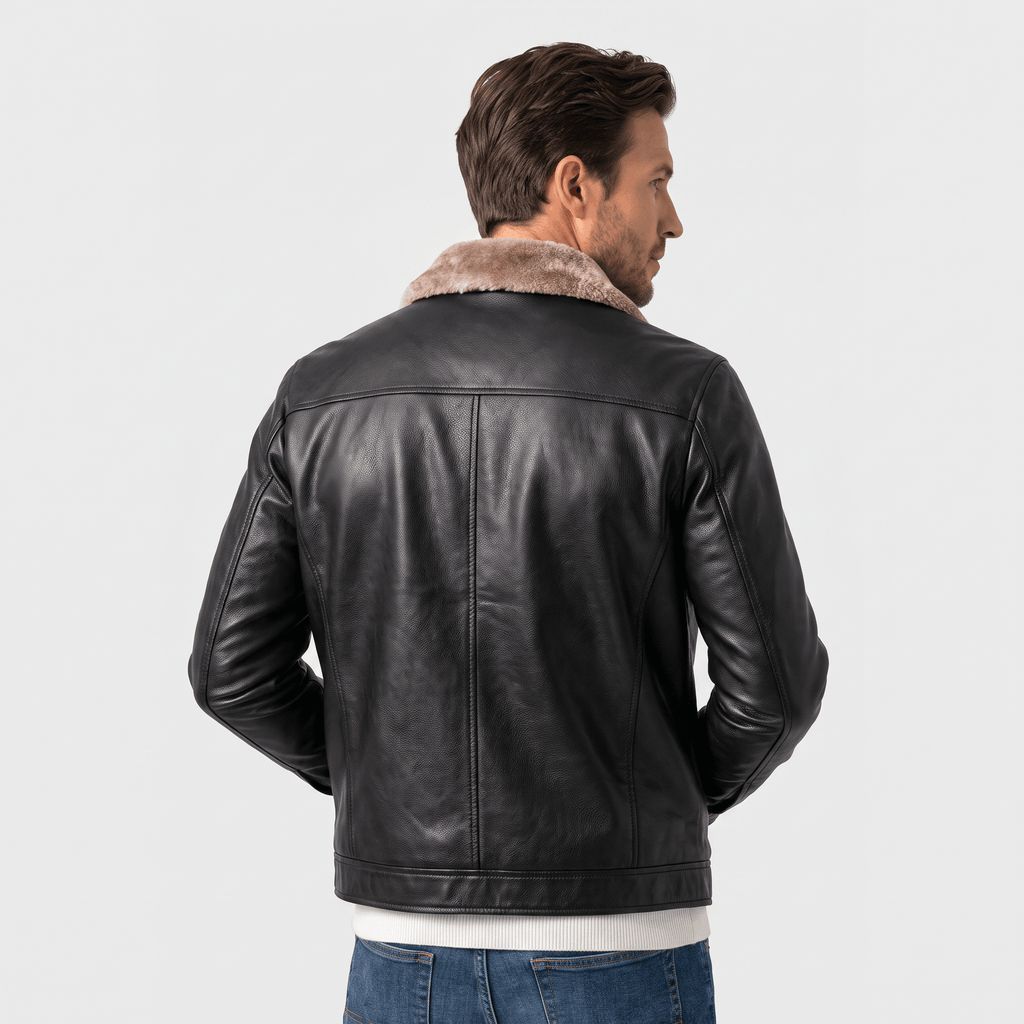 Hudson Leather Jacket – Shearling Collar Zip-Up Matte Moto Outerwear