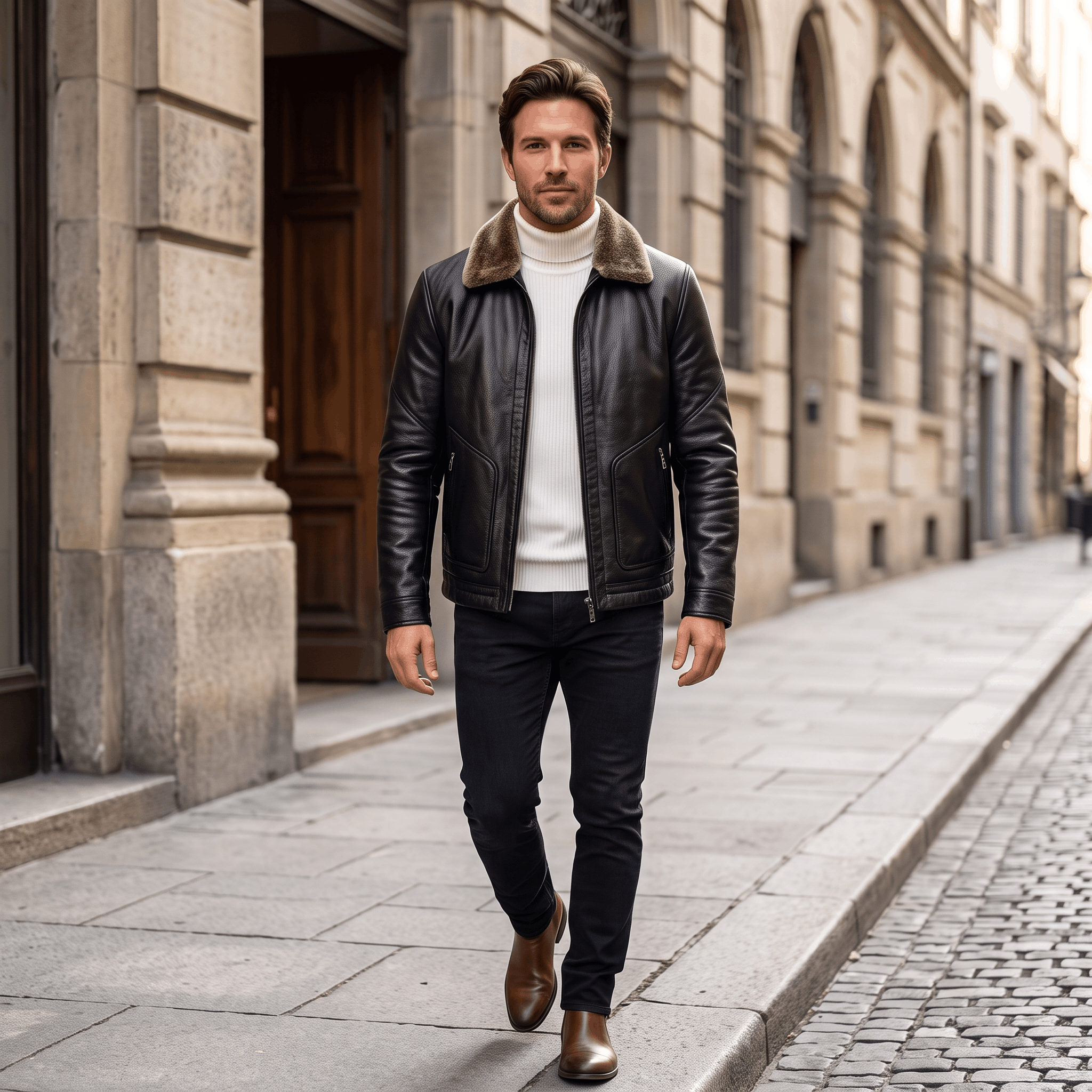 Hudson Leather Jacket – Shearling Collar Zip-Up Matte Moto Outerwear