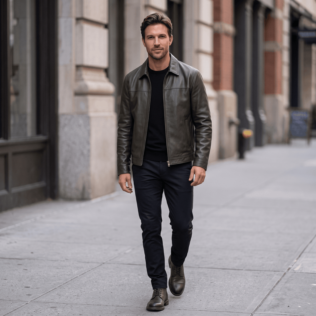 Brooklyn Leather Flight Jacket – Loose-Fit Zip-Up Collared Outerwear