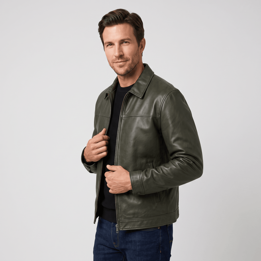 Brooklyn Leather Flight Jacket – Loose-Fit Zip-Up Collared Outerwear