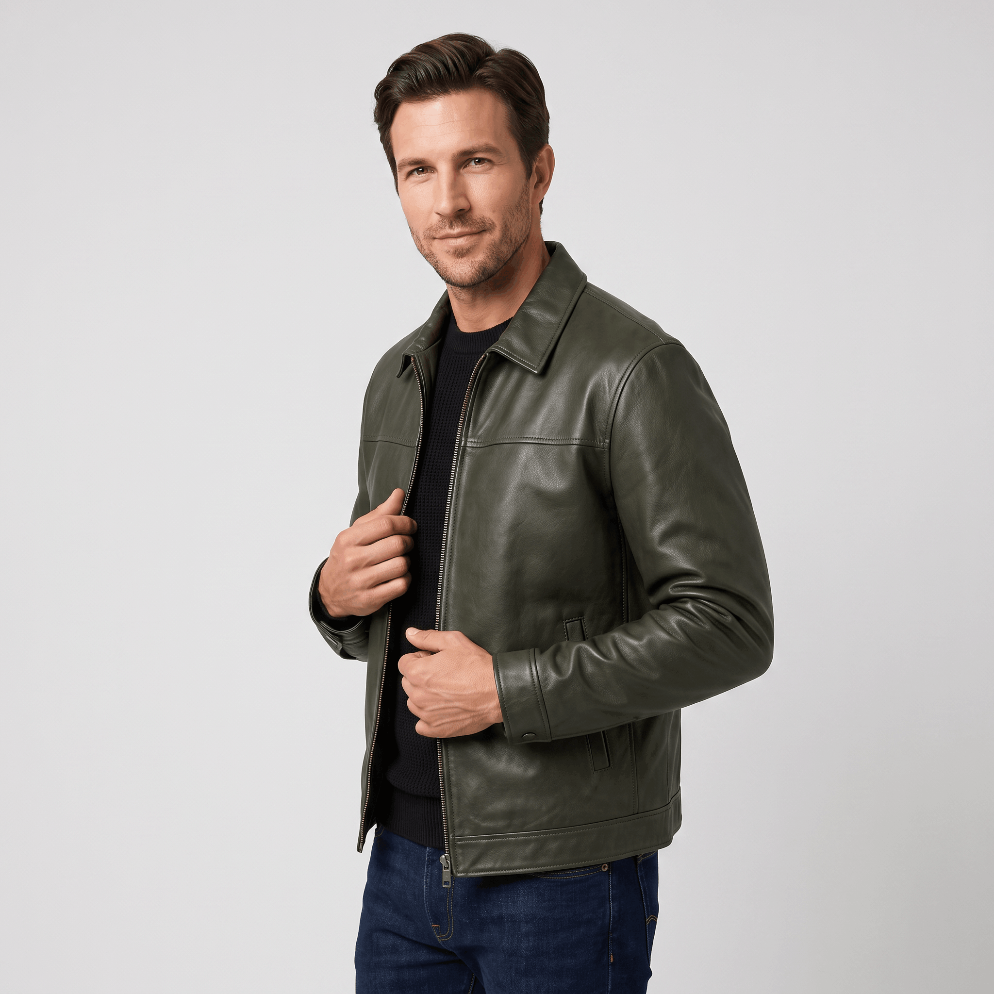 Brooklyn Leather Flight Jacket – Loose-Fit Zip-Up Collared Outerwear