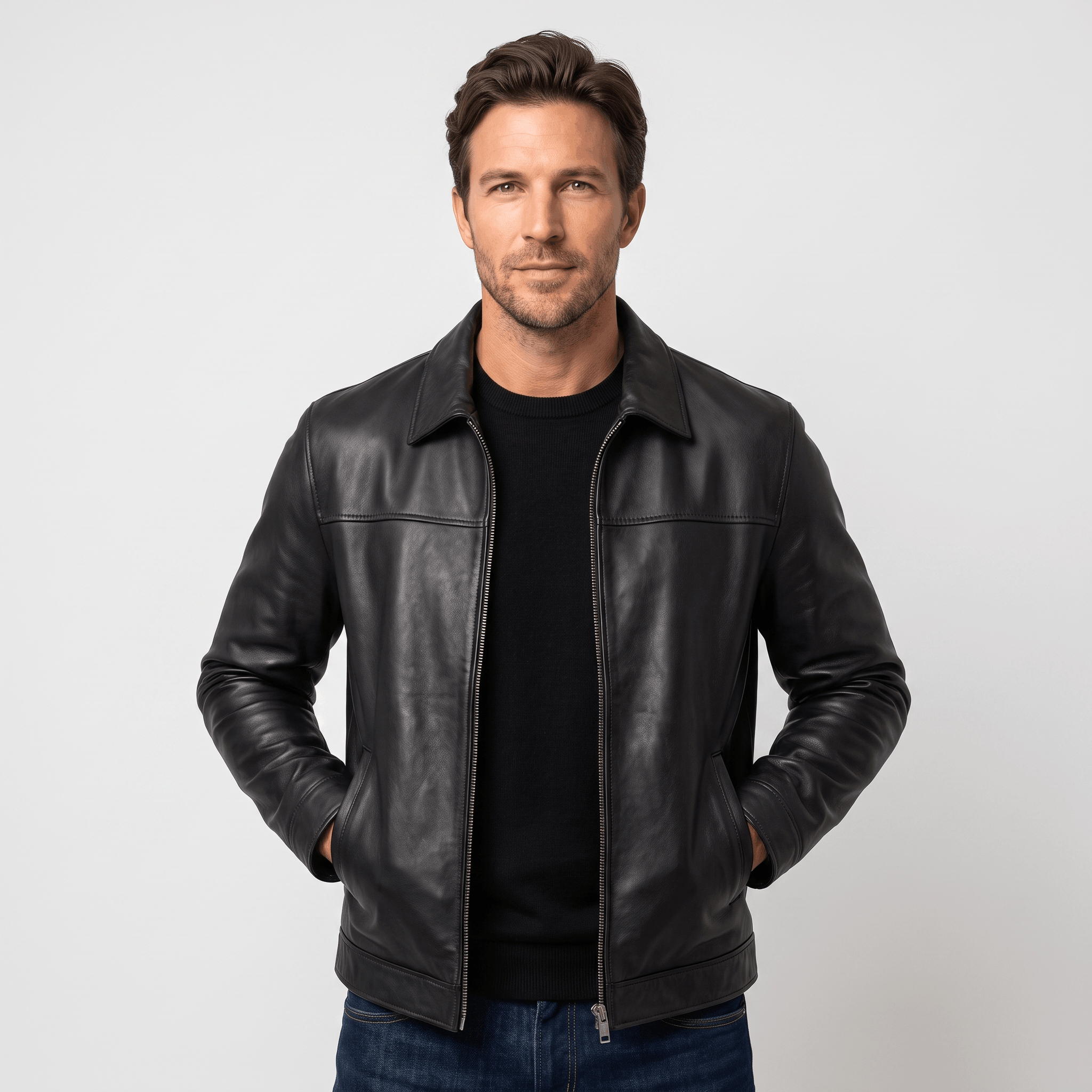 Brooklyn Leather Flight Jacket – Loose-Fit Zip-Up Collared Outerwear