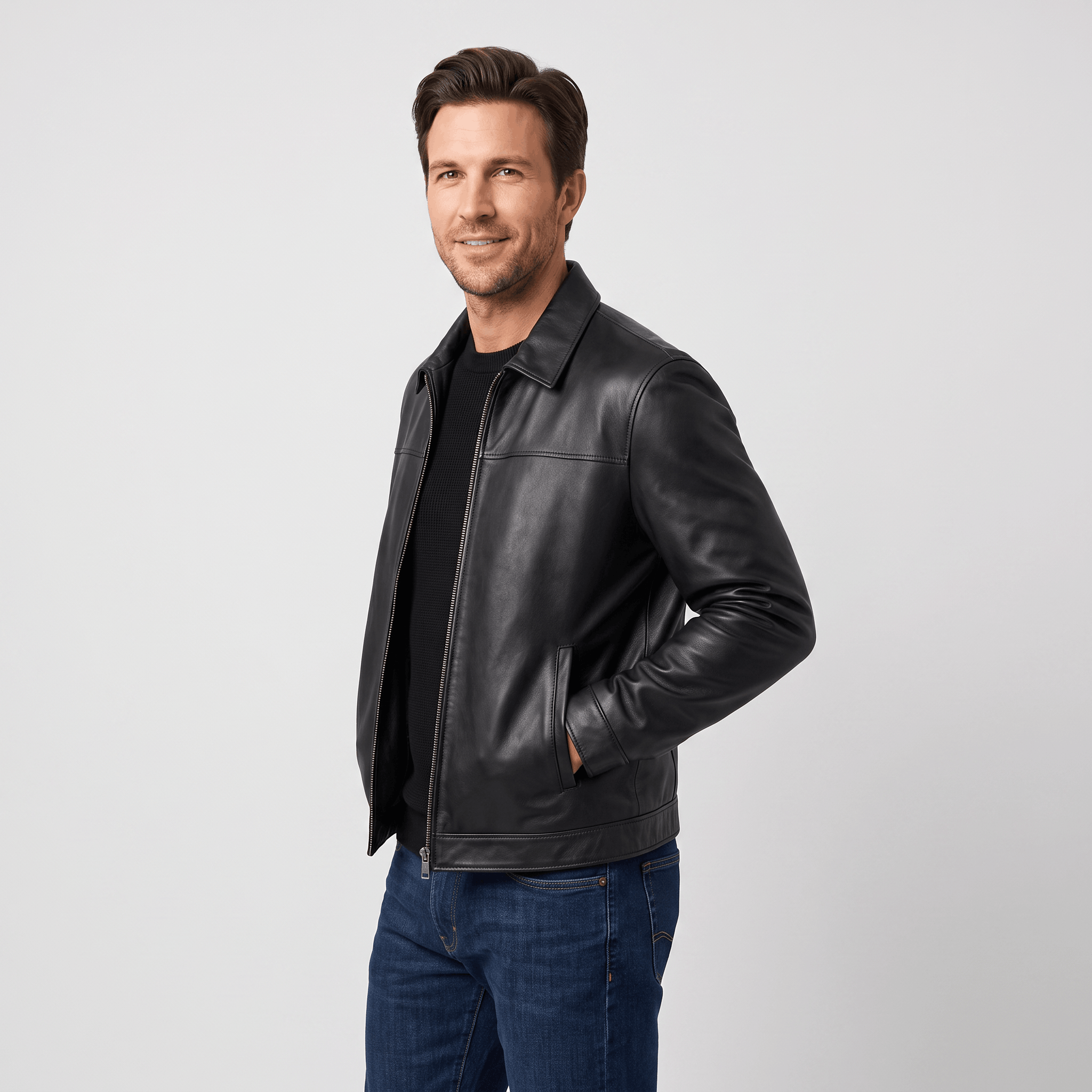 Brooklyn Leather Flight Jacket – Loose-Fit Zip-Up Collared Outerwear