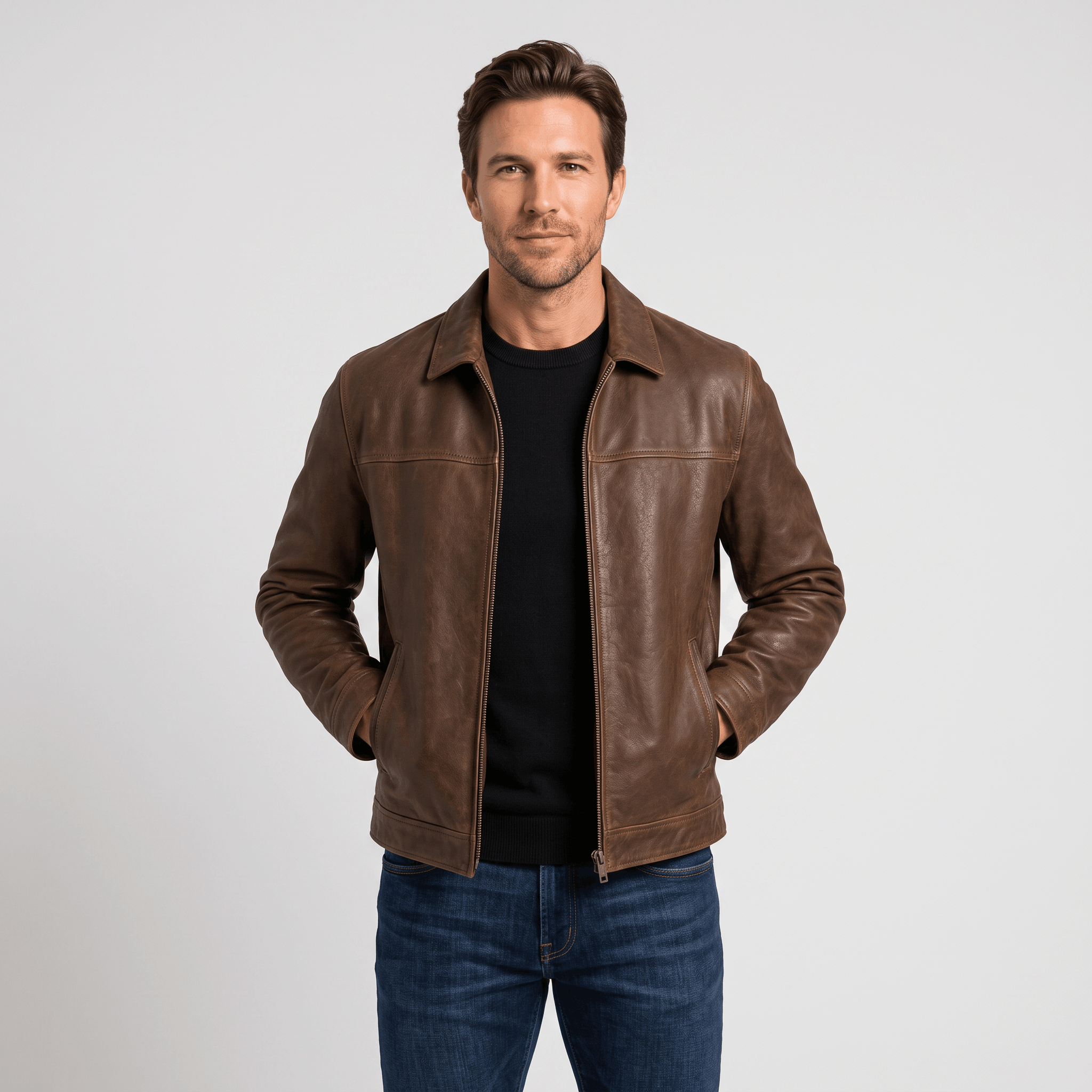 Brooklyn Leather Flight Jacket – Loose-Fit Zip-Up Collared Outerwear