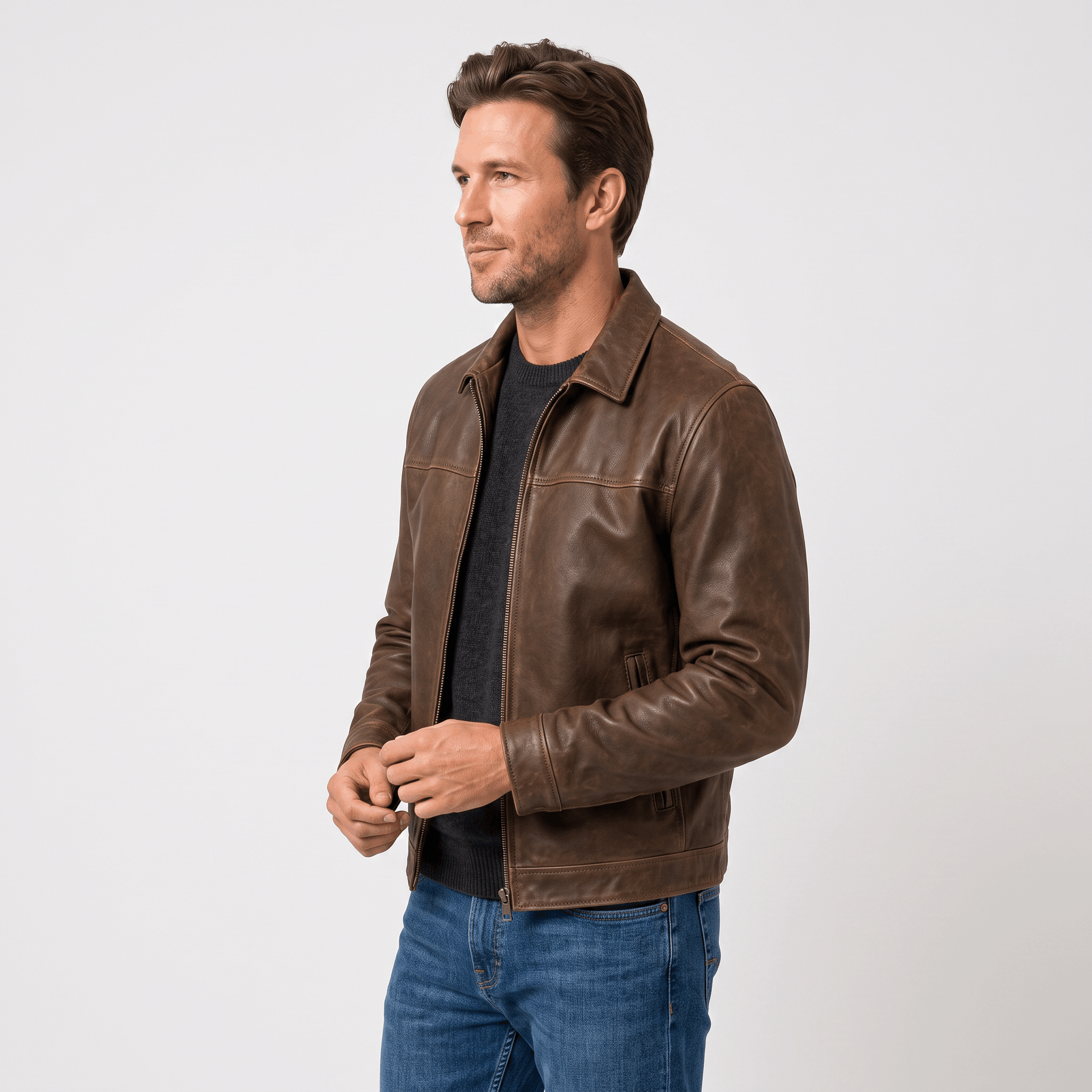 Brooklyn Leather Flight Jacket – Loose-Fit Zip-Up Collared Outerwear