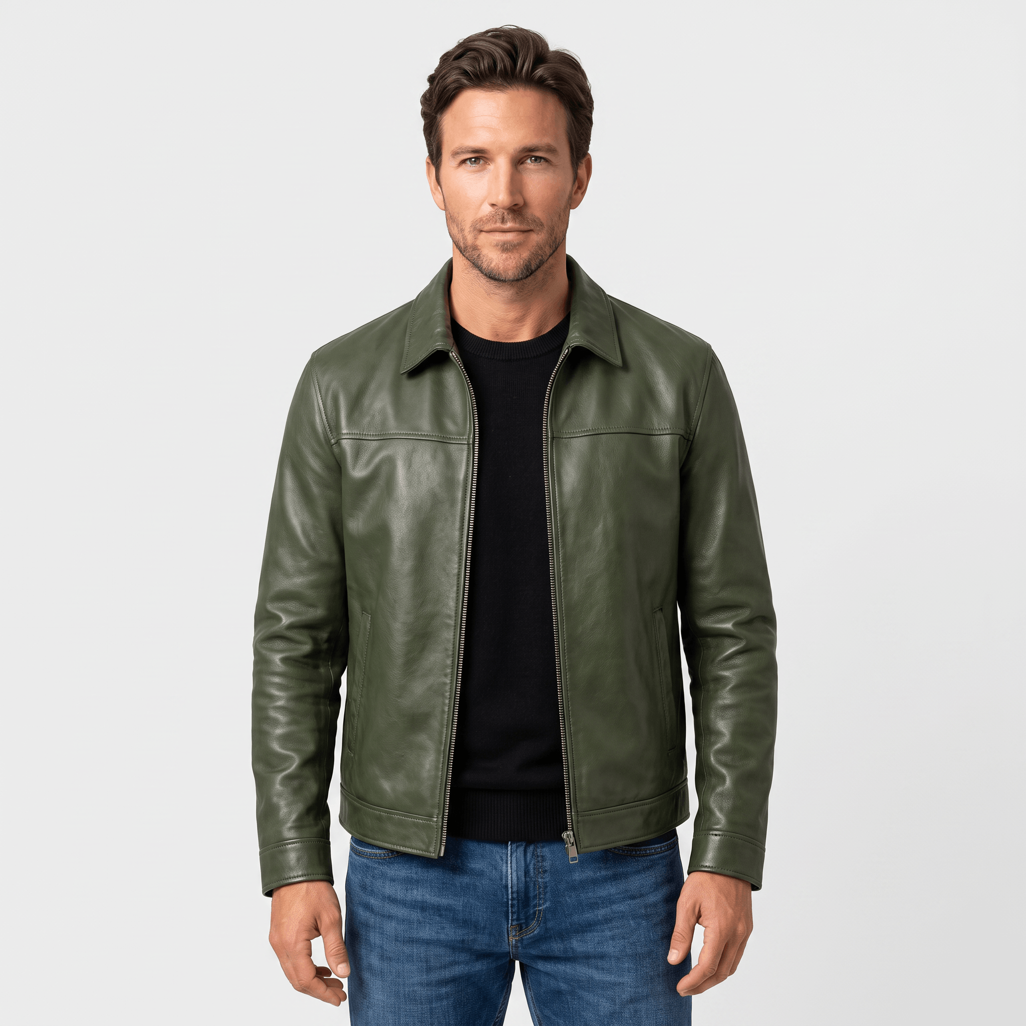 Brooklyn Leather Flight Jacket – Loose-Fit Zip-Up Collared Outerwear