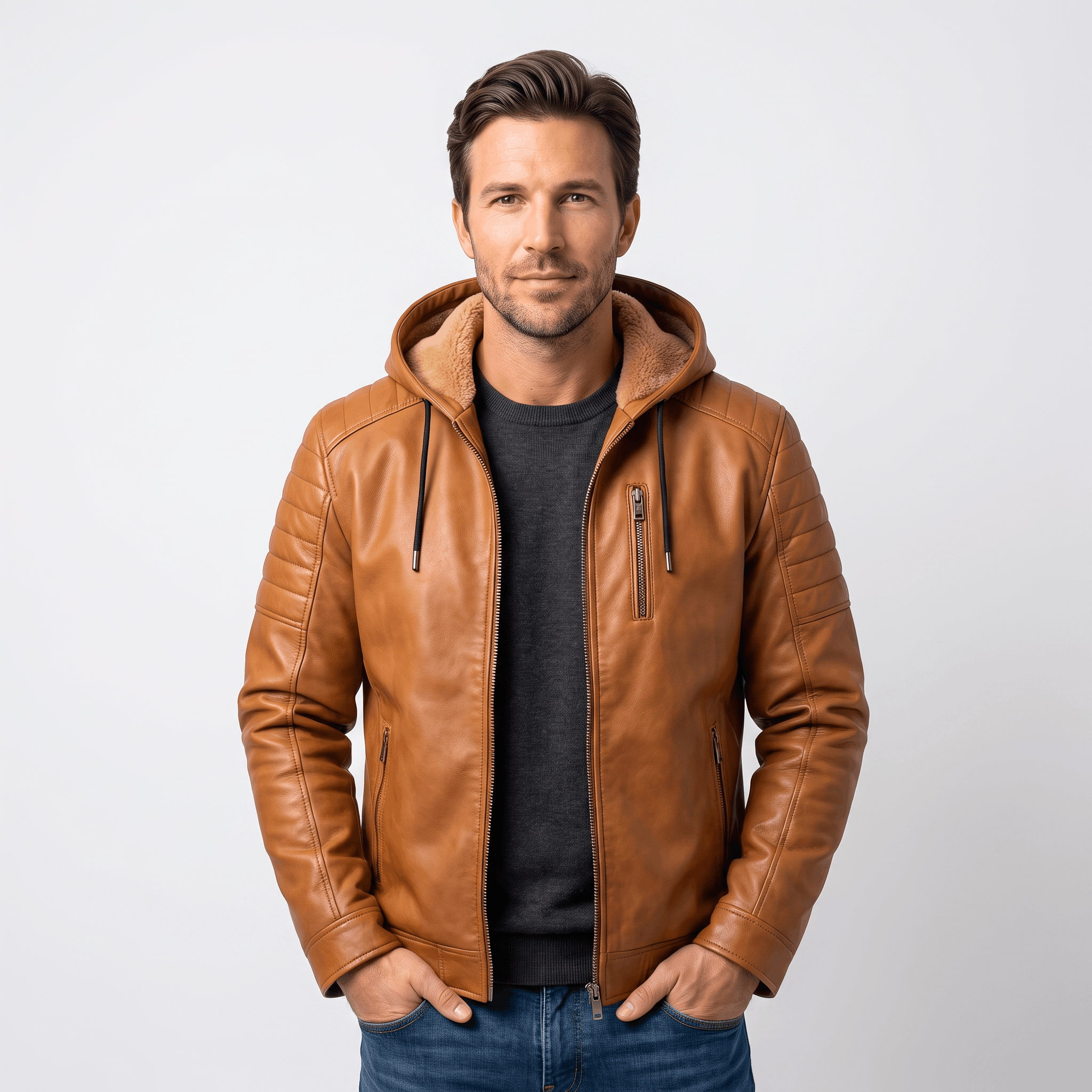 Maximo Leather Jacket – Removable Hood Fleece-Lined Zip-Up Outerwear