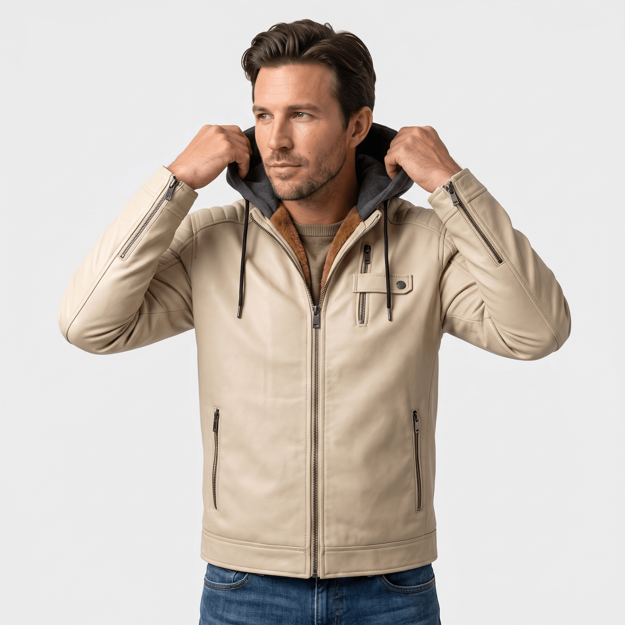 Maximo Leather Jacket – Removable Hood Fleece-Lined Zip-Up Outerwear