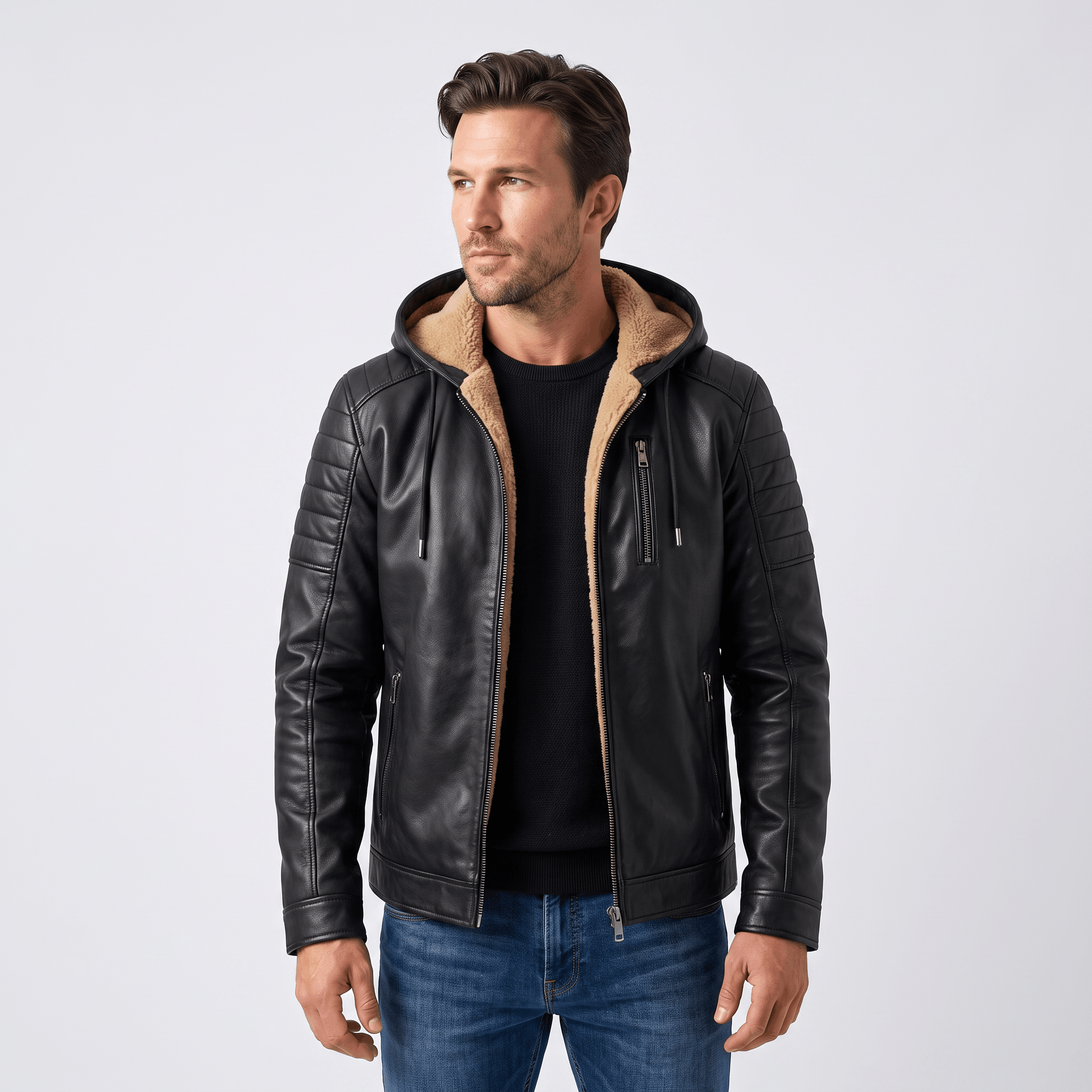 Maximo Leather Jacket – Removable Hood Fleece-Lined Zip-Up Outerwear