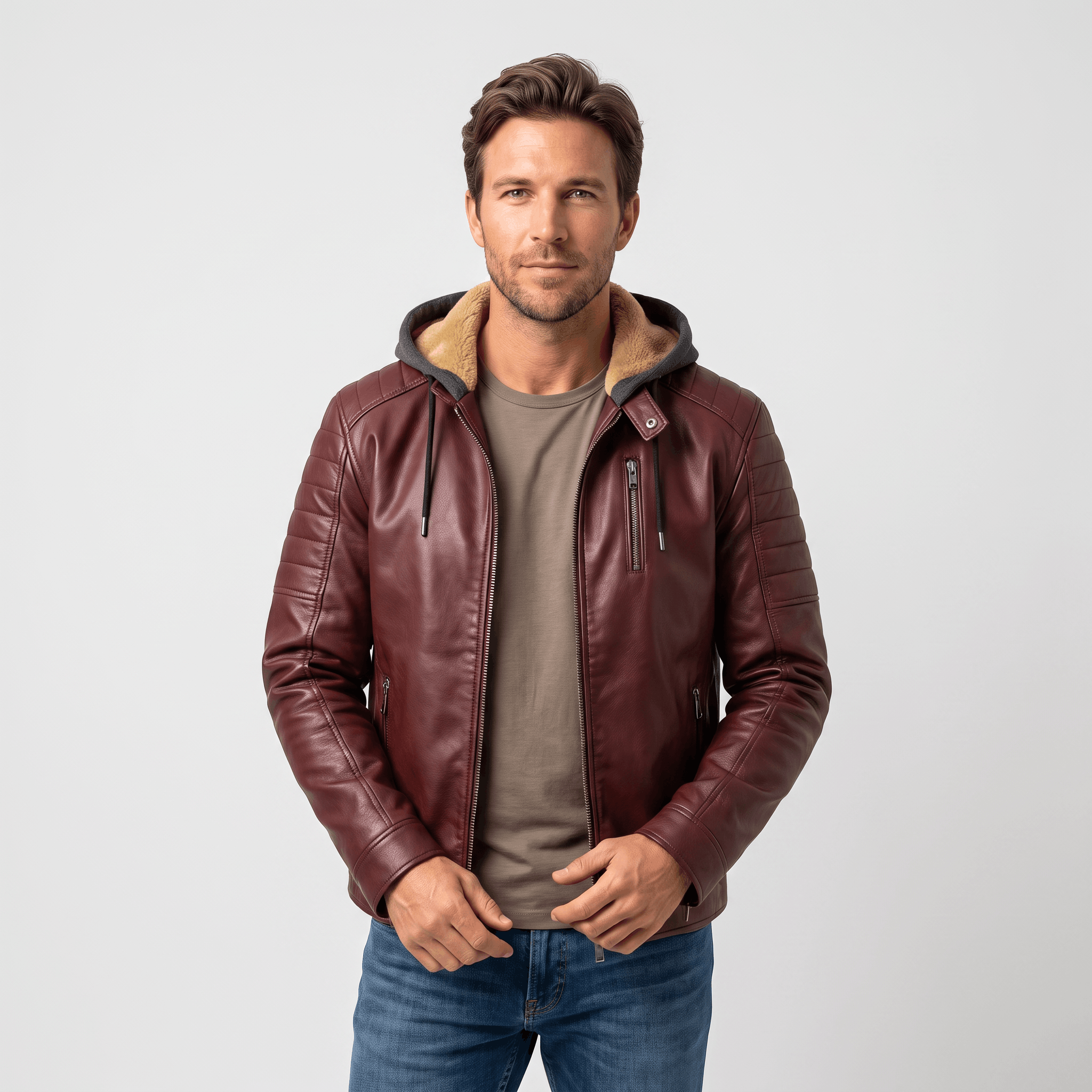 Maximo Leather Jacket – Removable Hood Fleece-Lined Zip-Up Outerwear