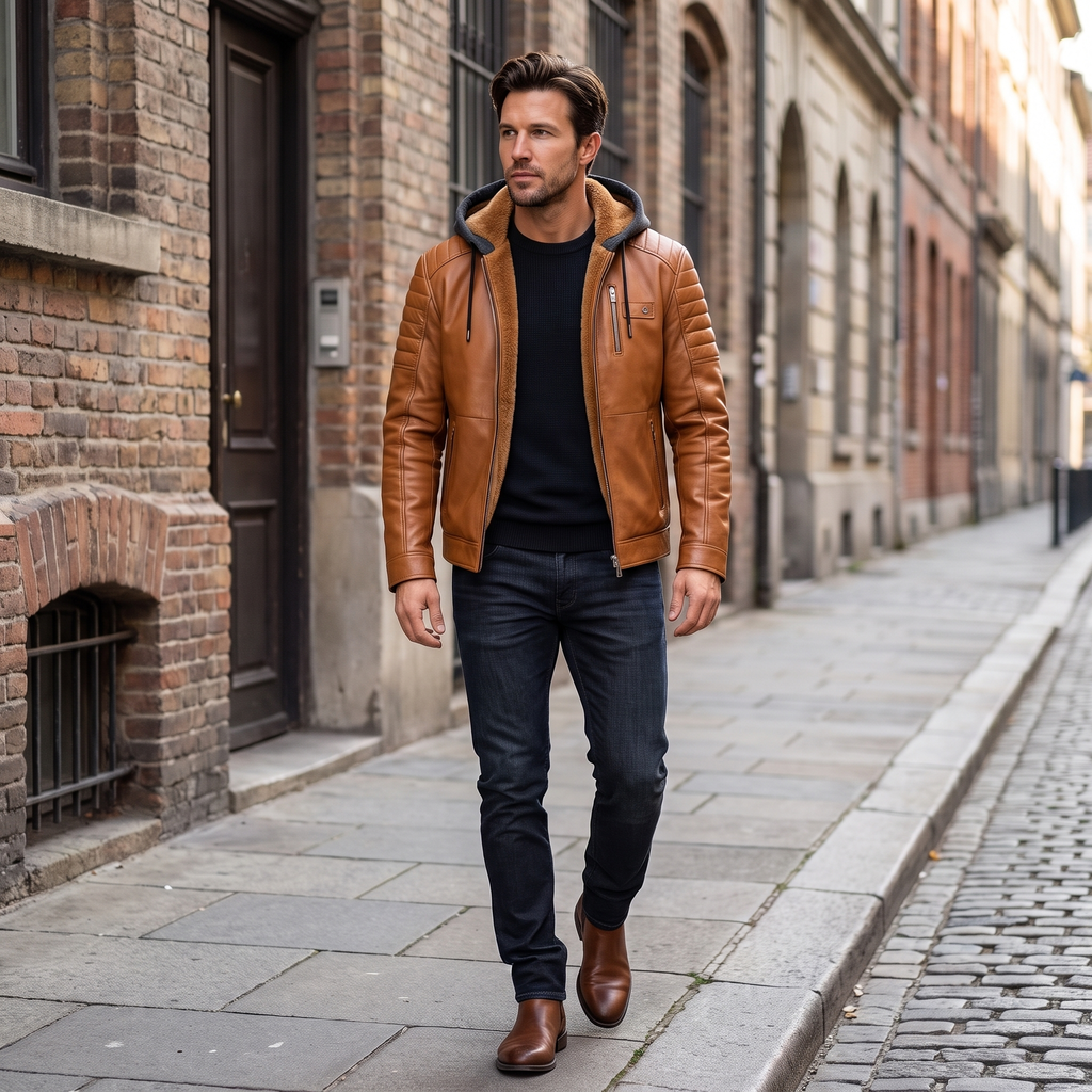Maximo Leather Jacket – Removable Hood Fleece-Lined Zip-Up Outerwear