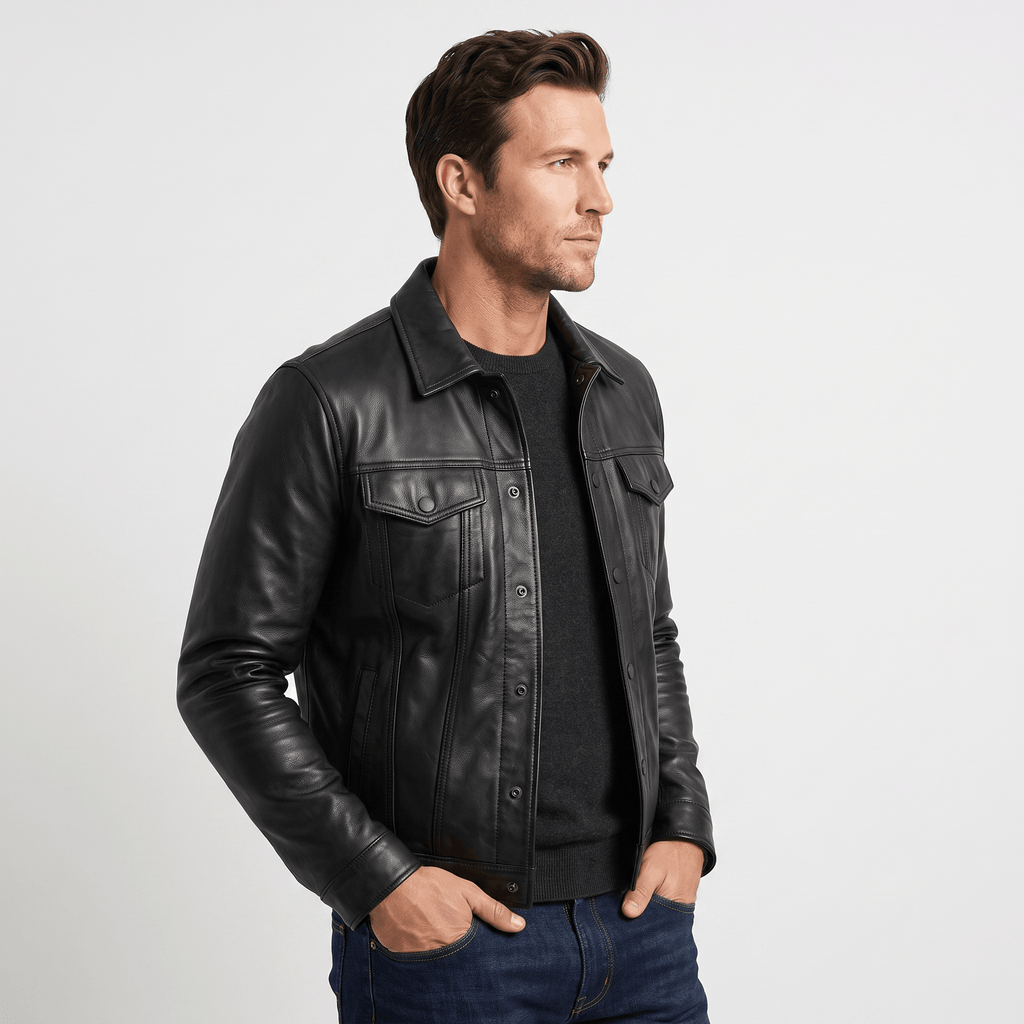Easton Leather Rider Jacket – Button-Up Collared Classic Outerwear