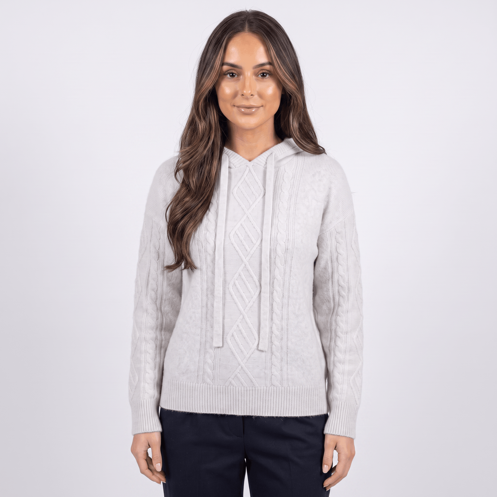 Hanah Merino Wool Cable-Knit Hooded Sweater – Relaxed Drawstring Pullover
