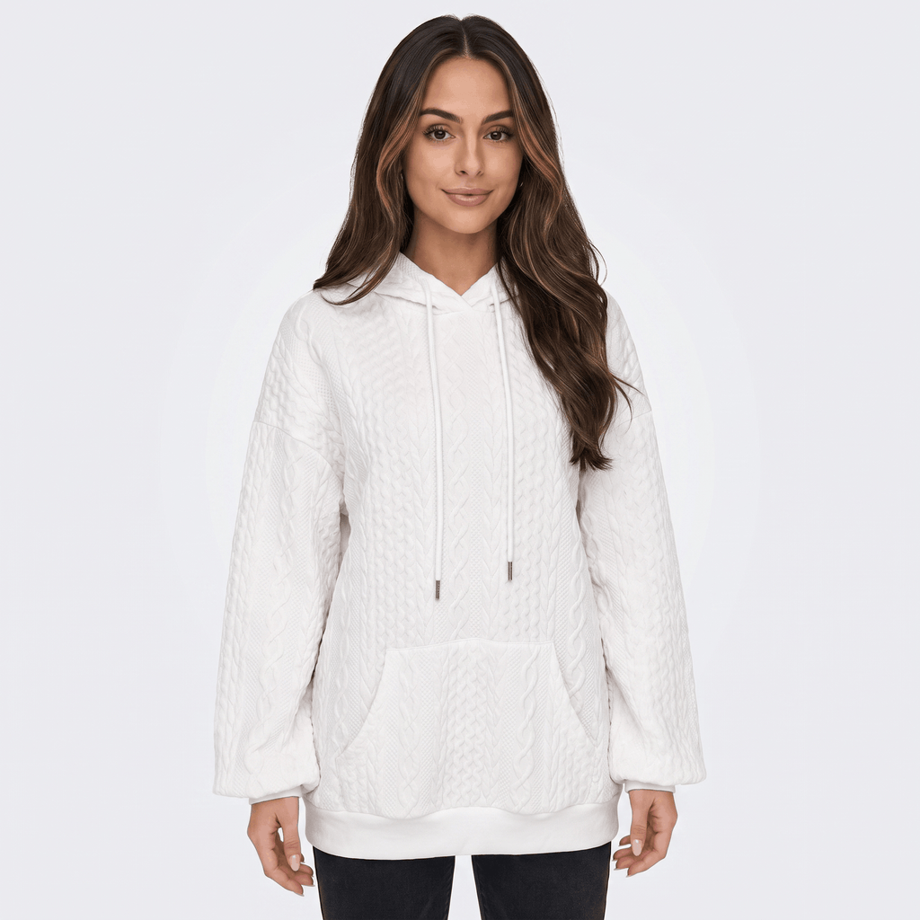 Anna Cable-Knit Hoodie Sweatshirt – Oversized Drawstring Kangaroo-Pocket Pullover