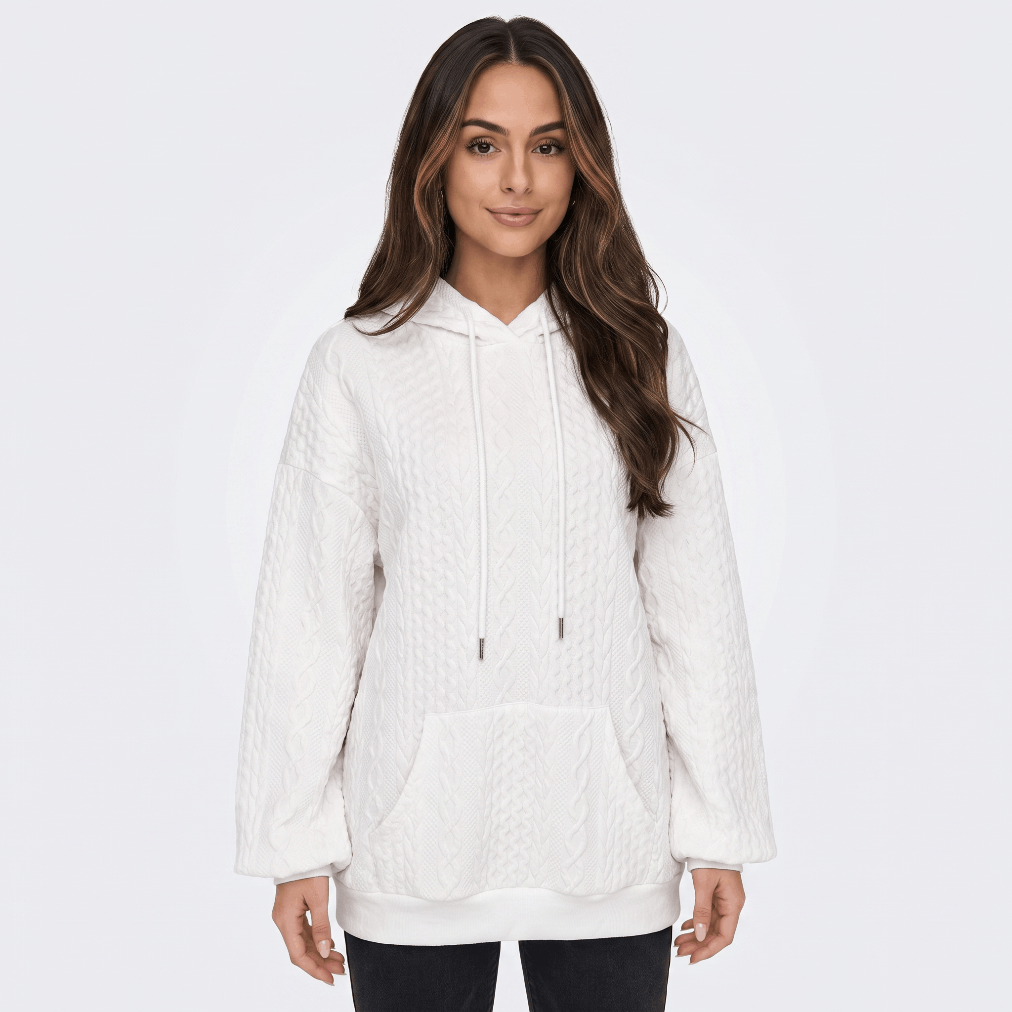 Anna Cable-Knit Hoodie Sweatshirt – Oversized Drawstring Kangaroo-Pocket Pullover