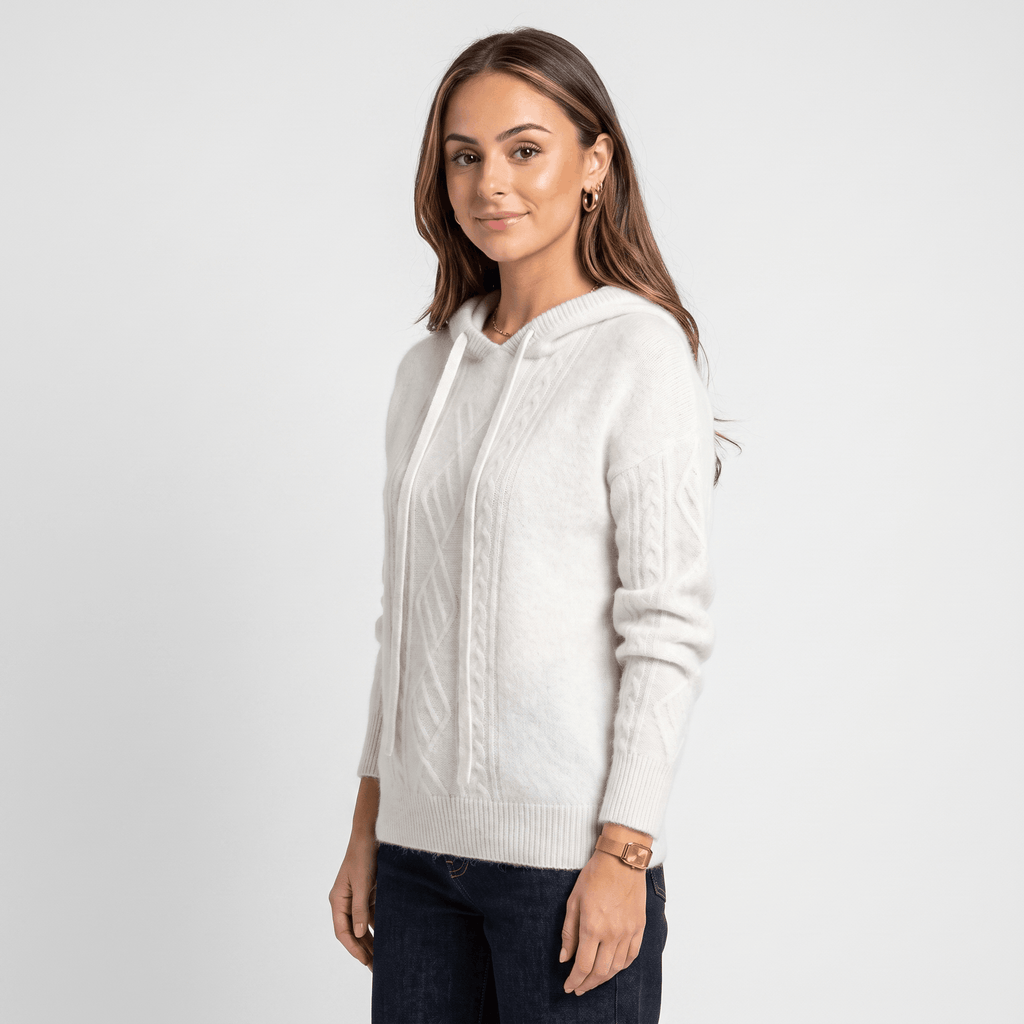 Hanah Merino Wool Cable-Knit Hooded Sweater – Relaxed Drawstring Pullover
