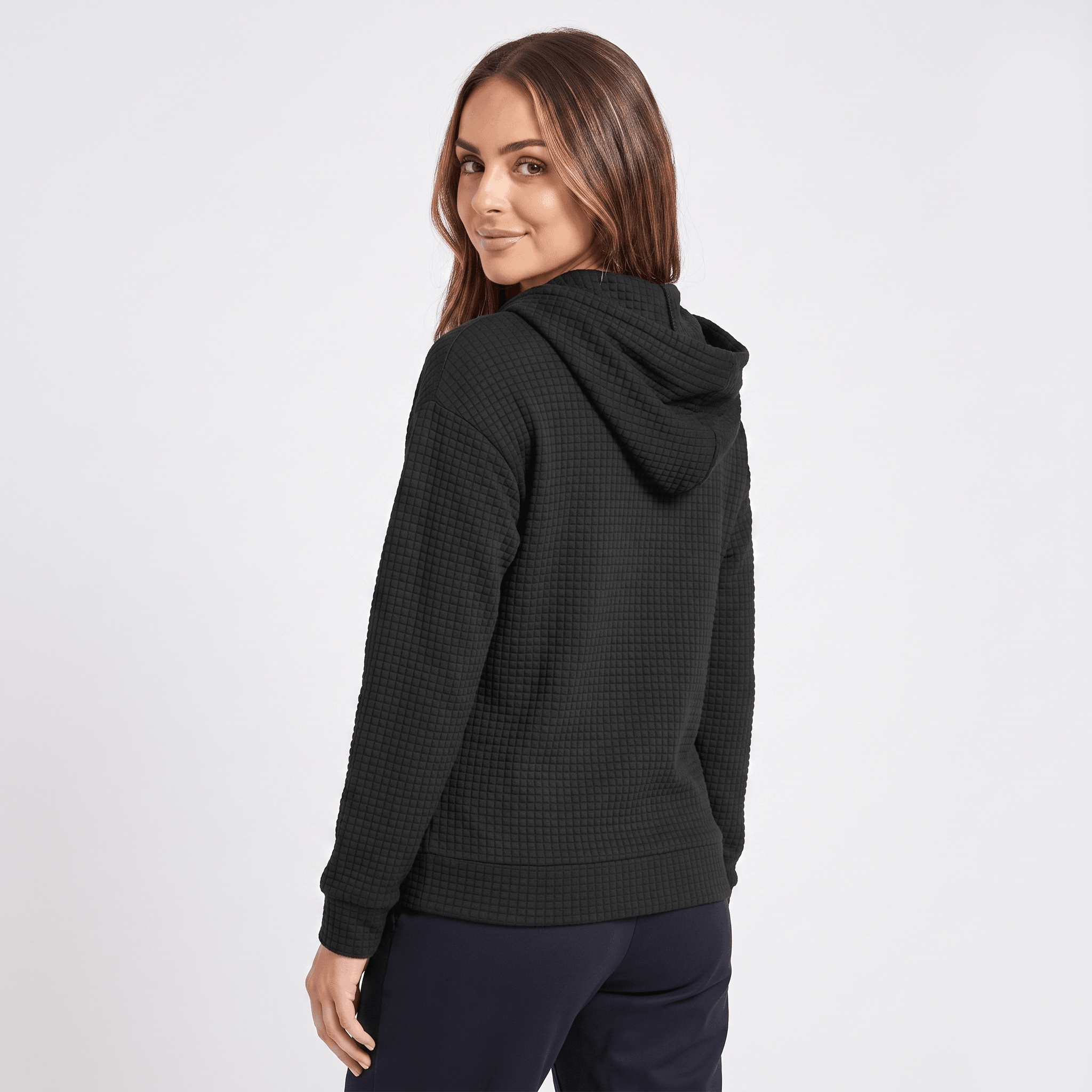Harper Waffle Knit Zip-Up Hoodie – Fitted Drawstring Ribbed-Trim Jacket