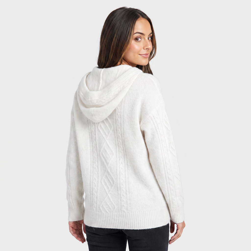 Hanah Merino Wool Cable-Knit Hooded Sweater – Relaxed Drawstring Pullover